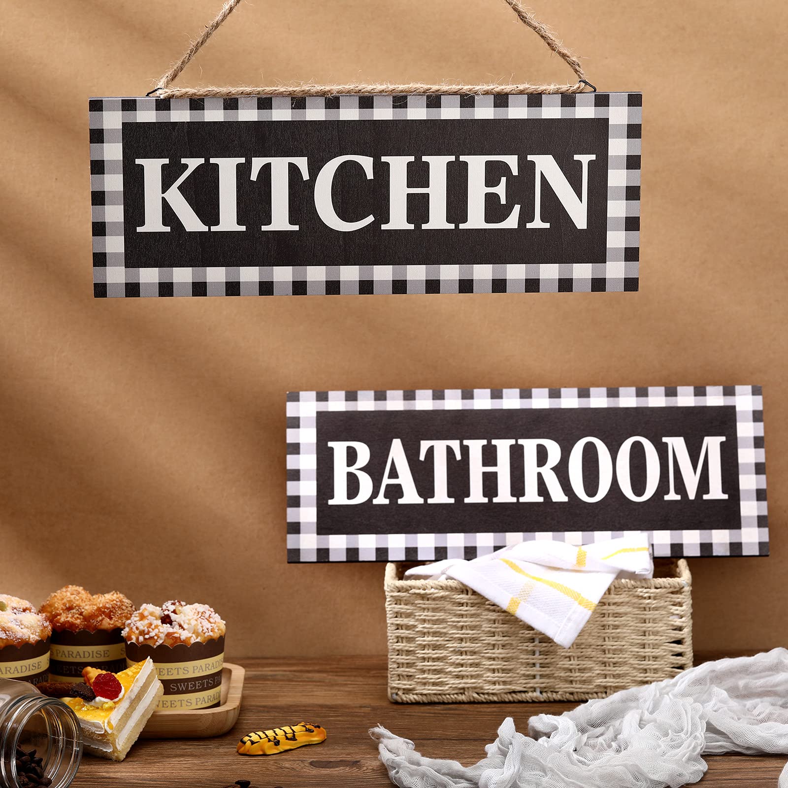 Rustic Buffalo Plaid Wall Sign - Wooden Kitchen & Bathroom Decor for Farmhouse Style
