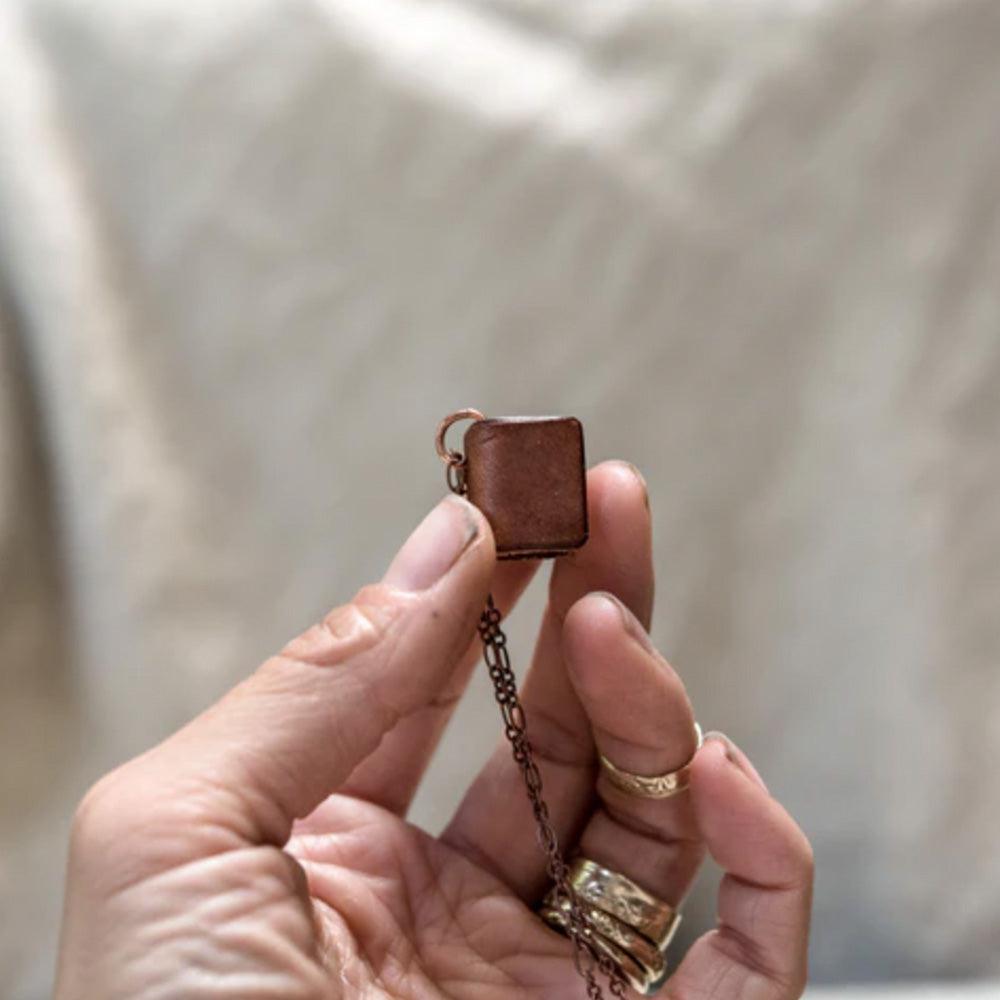 Handmade Peg and Awl Leather Book Necklace - Vintage Literary Jewelry for Book Lovers | Perfect Gift for Readers, Writers & Bibliophiles
