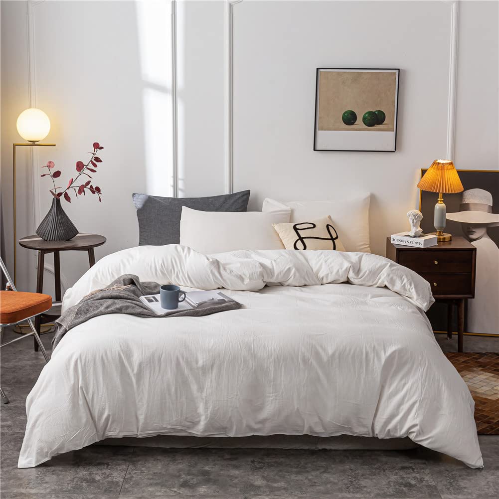 Janlive 100% Washed Cotton King Duvet Cover Set - Ultra Soft Solid White 3-Piece Bedding with Zipper Closure | Breathable & Hypoallergenic for All-Season Comfort in Master Bedroom or Guest Room