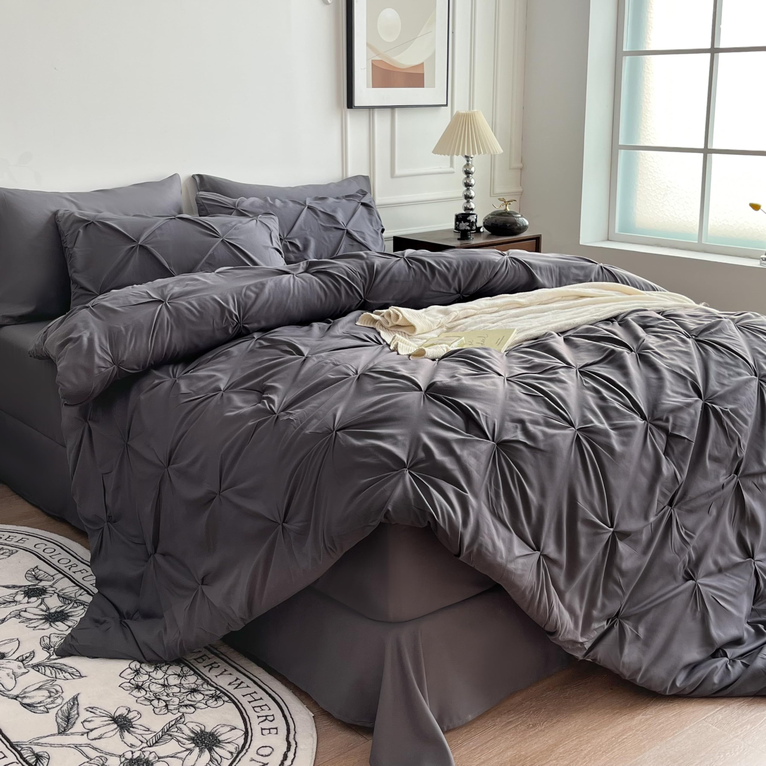 Maple&Stone 7-Piece King Size Comforter Set - Pintuck Bedding in a Bag with Comforter, Sheets, Pillowcases & Shams, Dark Grey - Luxury Bedroom Decor for Master Suite, Guest Room & Hotel Style Bedding
