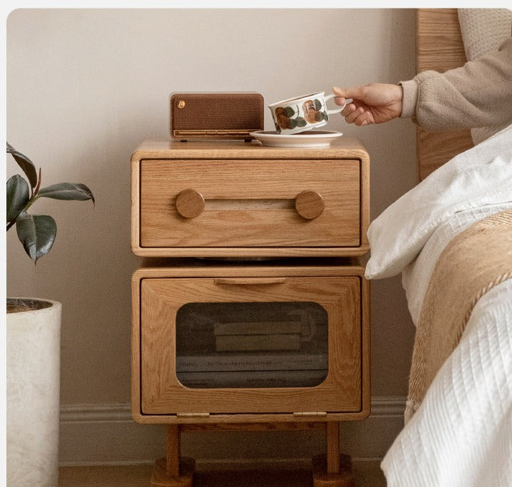 360° Rotating Oak Solid Wood Nightstand - Modern Bedside Table for Bedroom, Living Room & Office