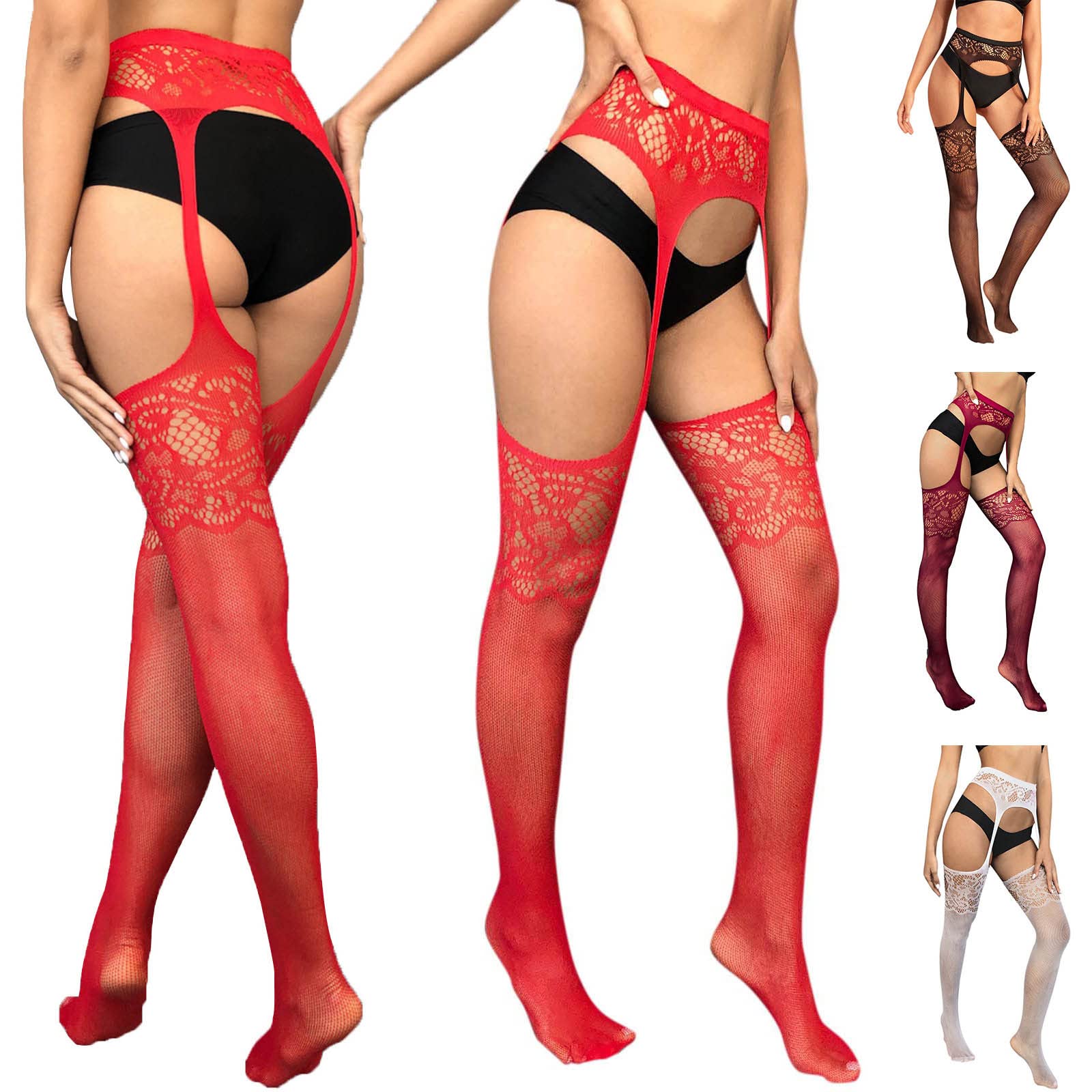 Sexy Red Thigh High Stockings - Lace Babydoll Suspender Fishnet Tights for Women (One Size) | Valentine's Day Lingerie, Boudoir Photo Shoot, Role Play Costume