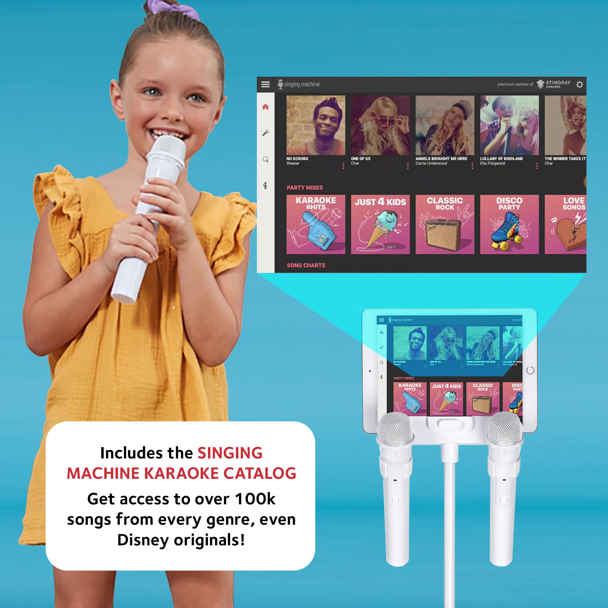 Singing Machine Portable Karaoke System with 2 Wireless Microphones - Bluetooth Home Karaoke Machine for Adults & Kids - Built-in Speaker, LED Lights & Voice Enhancer - Perfect for Parties, Family Gatherings & Home Entertainment (White)