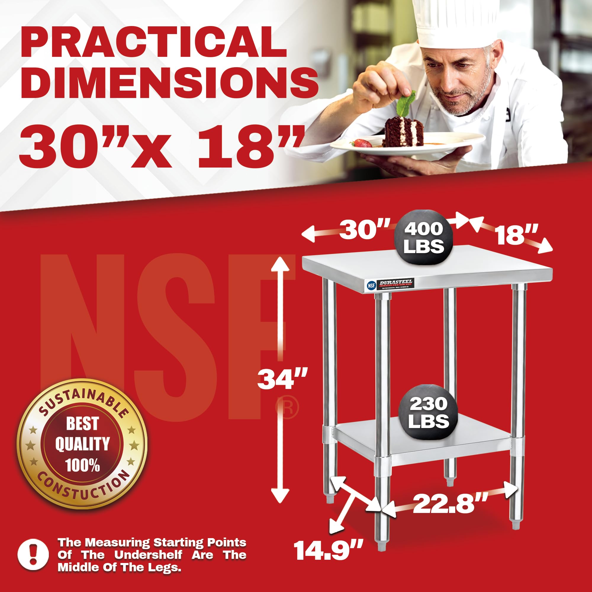 DuraSteel 30x18 Stainless Steel Table - NSF Certified Commercial Kitchen Island Prep Table with Under Shelf - Heavy Duty Metal Work Table for Restaurant, Bakery, Laundry Room, Outdoor BBQ & Small Spaces