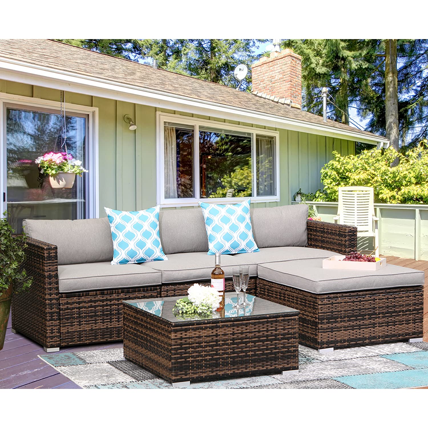 AQUILLA 5-Piece Outdoor Sectional Patio Wicker Sofa Set with Blue & White Plaid Pillows, Tempered Glass Coffee Table & Waterproof Cover - Perfect for Backyard, Poolside, Garden & Patio Relaxation