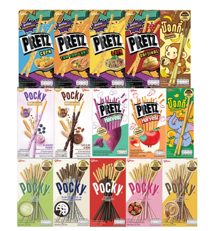GLICO POCKY Biscuit Stick 15 Flavor Variety Pack - Chocolate, Strawberry, Green Tea, Cookies & Cream, Almond, Blueberry Yogurt & More - Perfect for Snacking, Parties & Gifts - 15 Boxes (Japanese Import)
