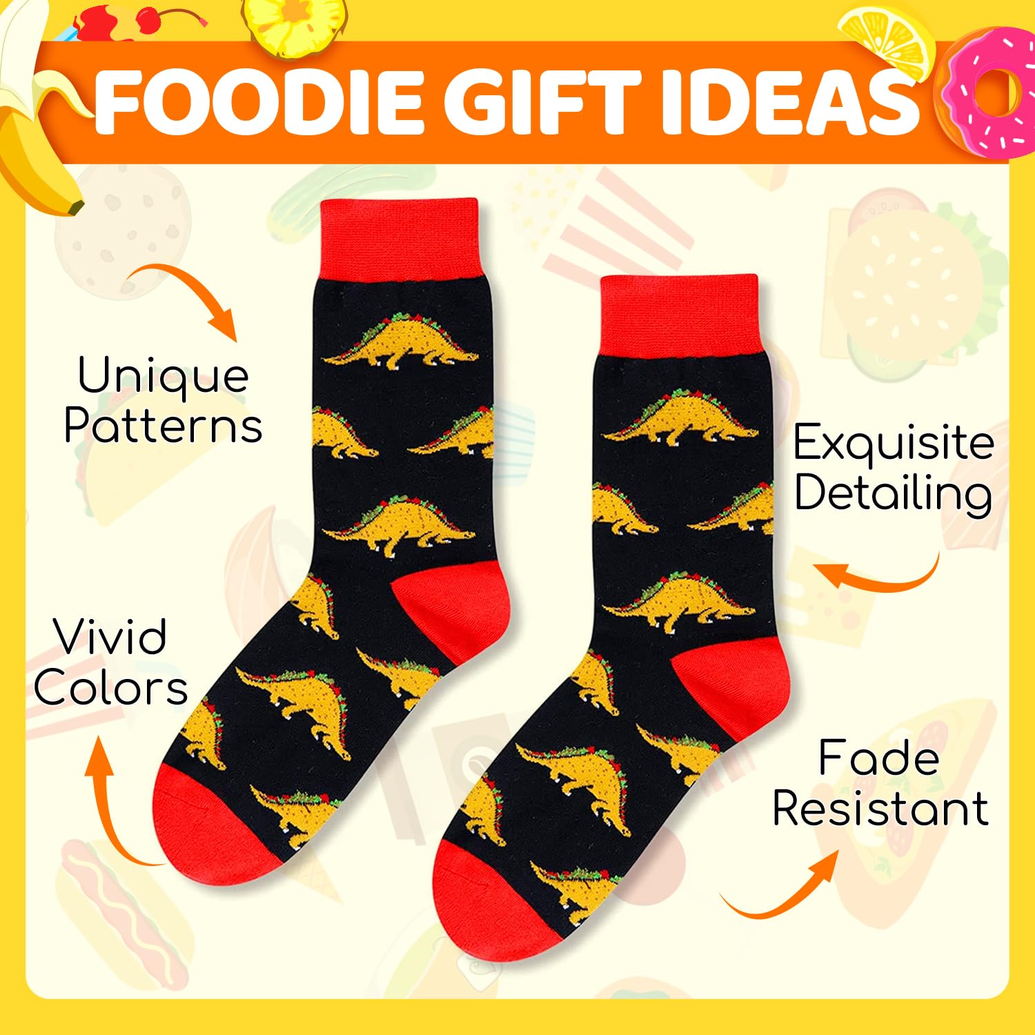 Zmart Men's Pineapple Taco Tacosaurus Socks - Funny Novelty Socks for Gifts, Comfortable & Silly Crew Socks for Taco Lovers - Perfect for Costume Parties, Gag Gifts & Everyday Wear