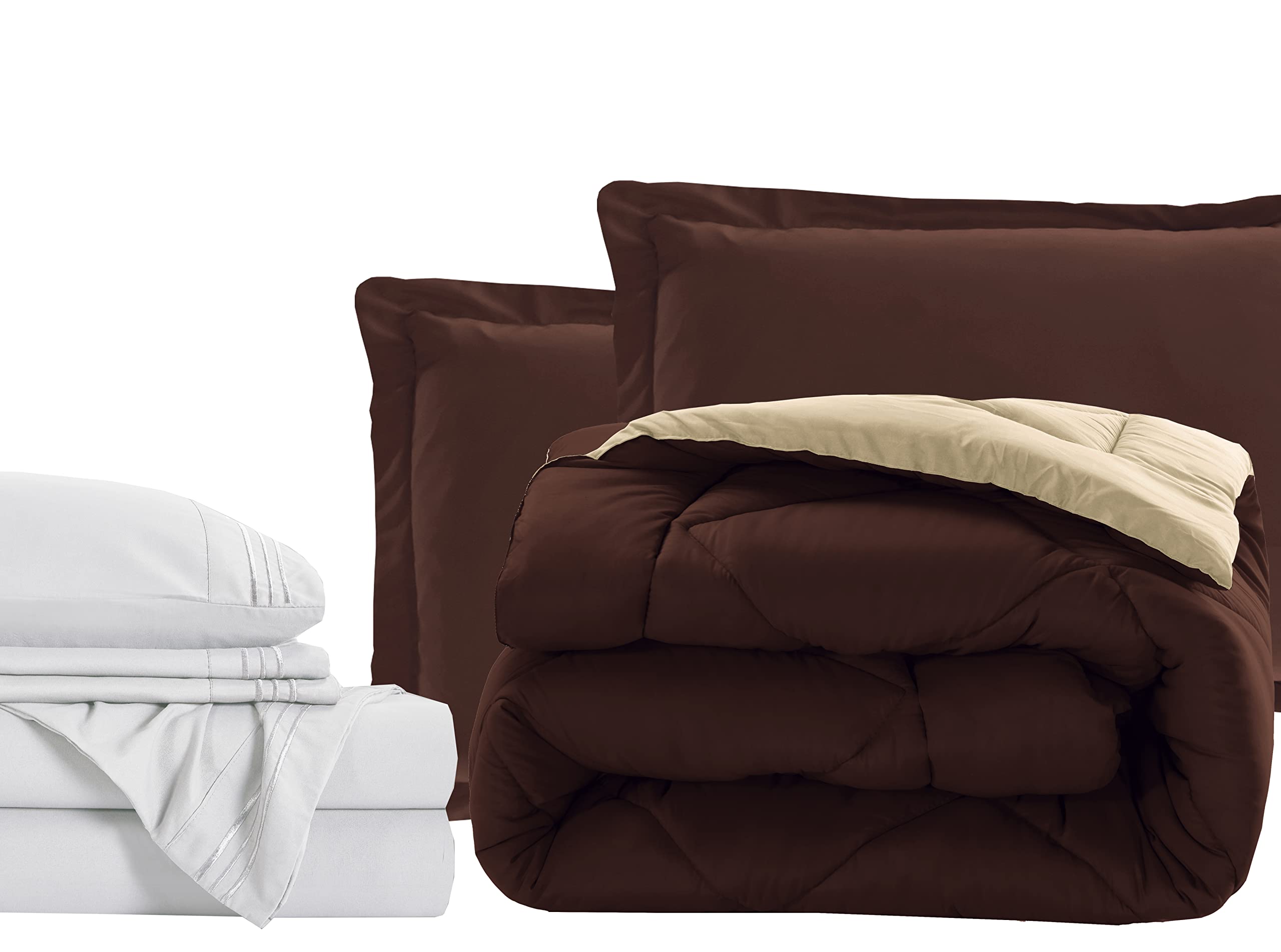 Luxury 7-Piece Bed in a Bag Comforter Set - 1500 Thread Count Twin Size Bedding, Wrinkle & Stain Resistant, Super Soft & Cozy, Brown/Cream - Perfect for Guest Rooms, Dorms & Cozy Bedrooms