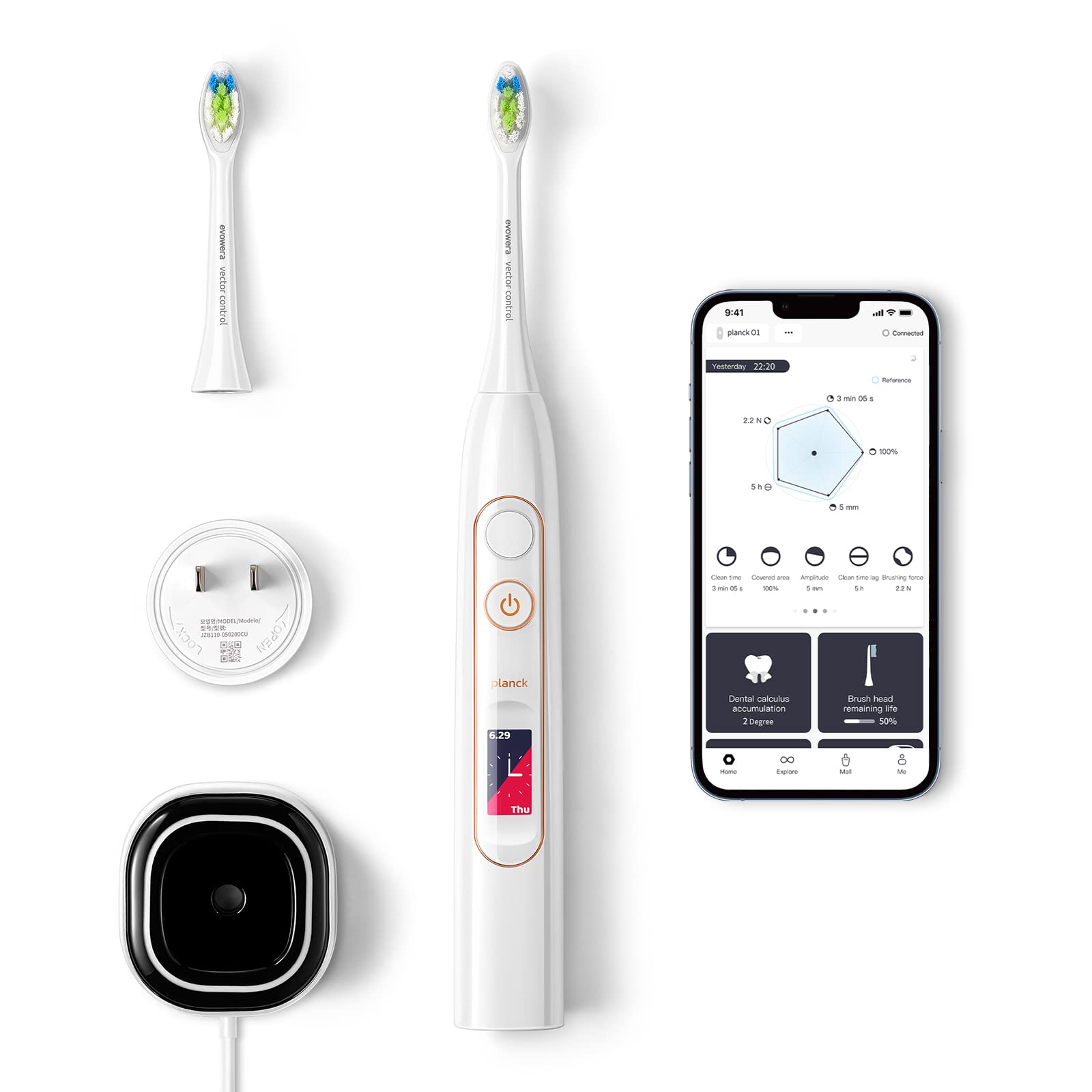 evowera Sonic Electric Toothbrush with Servo Motor - ADA Accepted, 6 Cleaning Modes, Smart Coaching App, Full-Color Display, Adjustable Intensity (10%-100%), Uncleaned Area Detection, Custom Timer - Perfect for Travel & Family Oral Care
