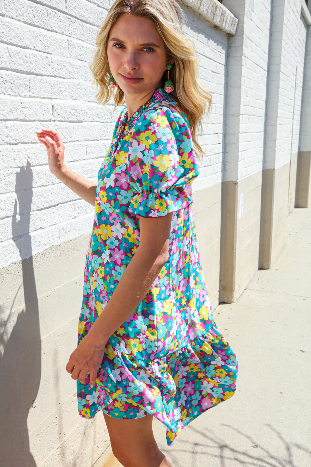 Elegant Blue Smocked Notch Neck Babydoll Floral Print Dress - Perfect for Summer Parties, Weddings & Date Nights