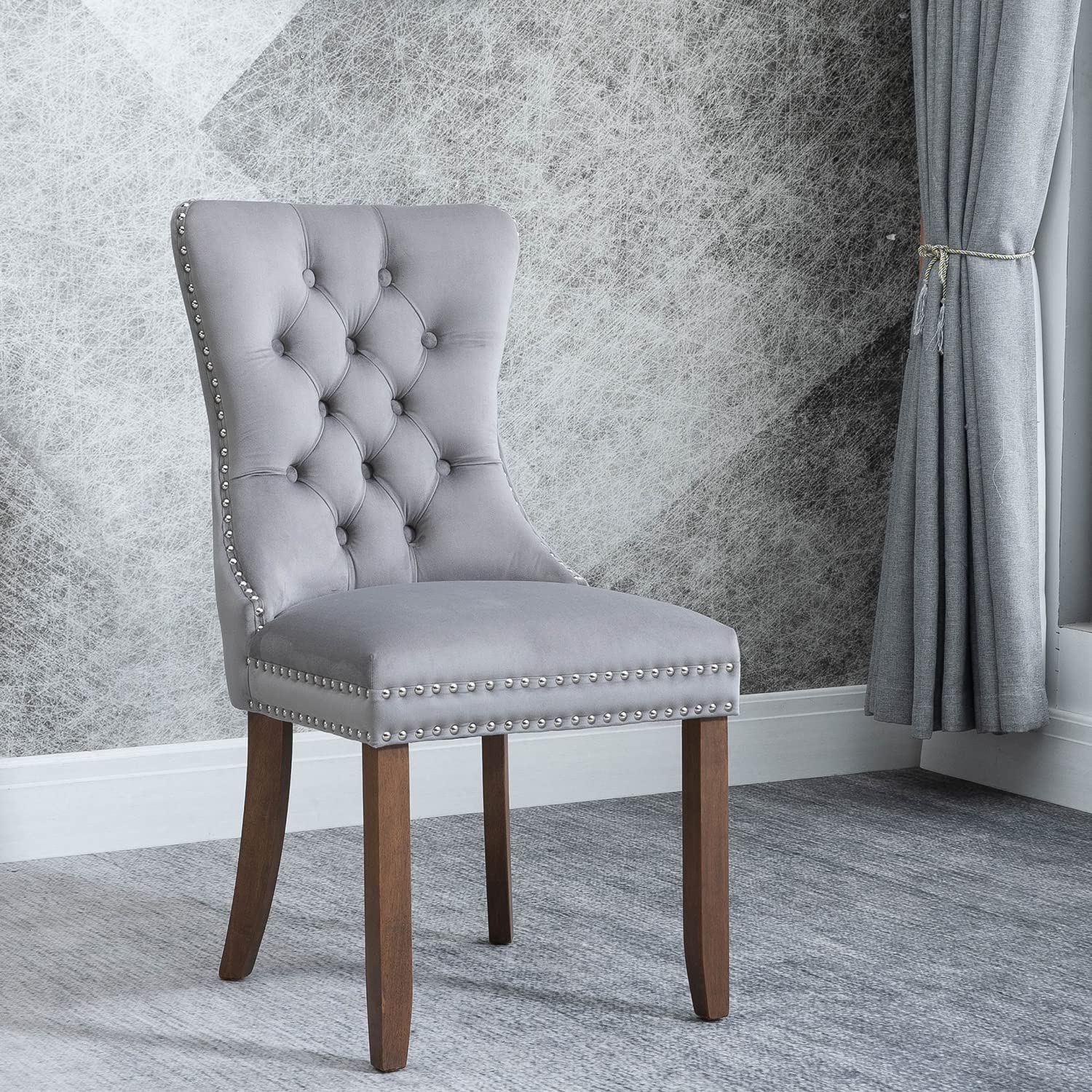 Virabit Velvet Tufted Dining Chairs Set of 4 - Nailhead Trim Upholstered Kitchen & Dining Room Chairs with Ring Pull Design (Light Grey) - Perfect for Modern Home Decor, Dinner Parties & Small Spaces