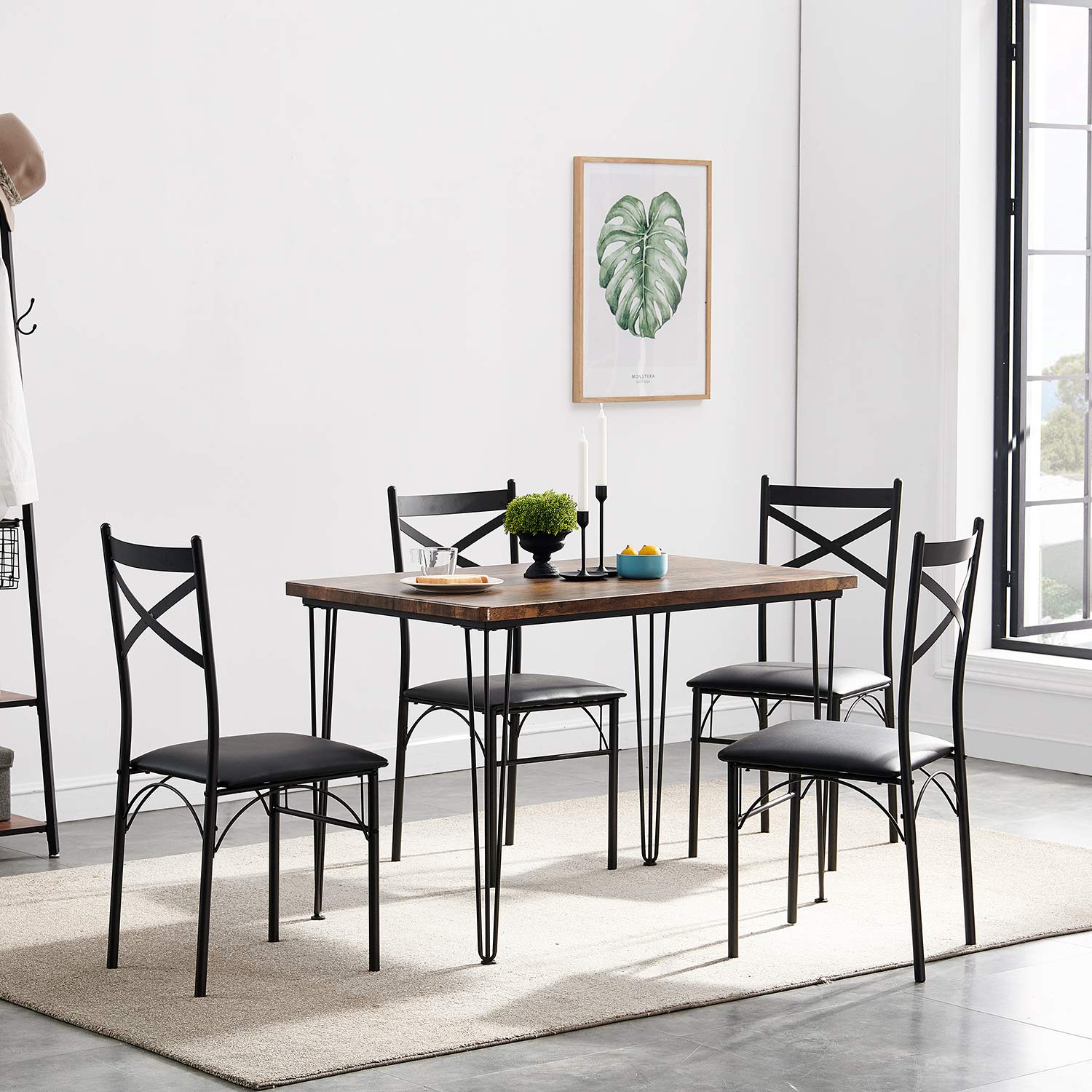 VECELO 5-Piece Kitchen Dining Set - Farmhouse Style Table & Chairs for Small Spaces, Breakfast Nook, Dinette - Rustic Brown Finish | Perfect for Apartments, Condos & Cozy Homes