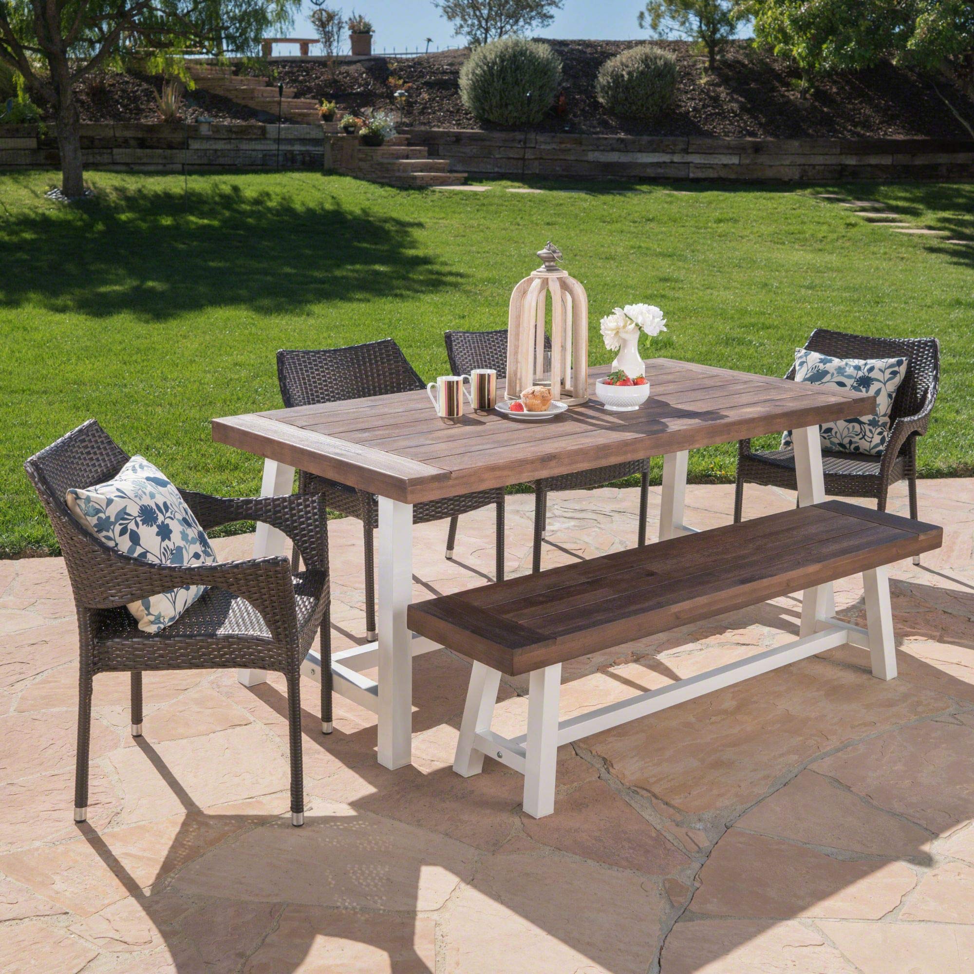 Contemporary 6-Piece Outdoor Dining Set - Tan Brown Sandblast Finish Rectangular Patio Furniture for Garden, Backyard & Poolside Entertaining