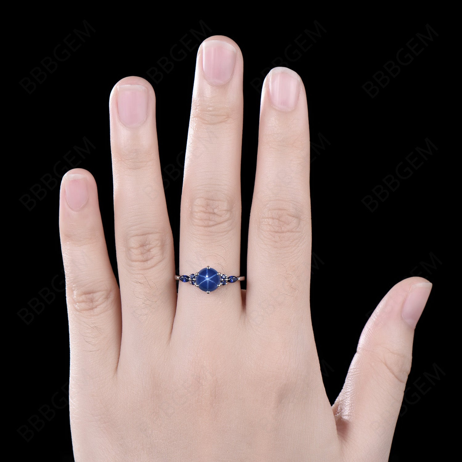 Sterling Silver Blue Lindy Star Engagement Ring - 7mm Round Star Sapphire & 7 Stone Cluster Promise Ring for Women | Perfect for Proposals, Anniversaries & Special Occasions