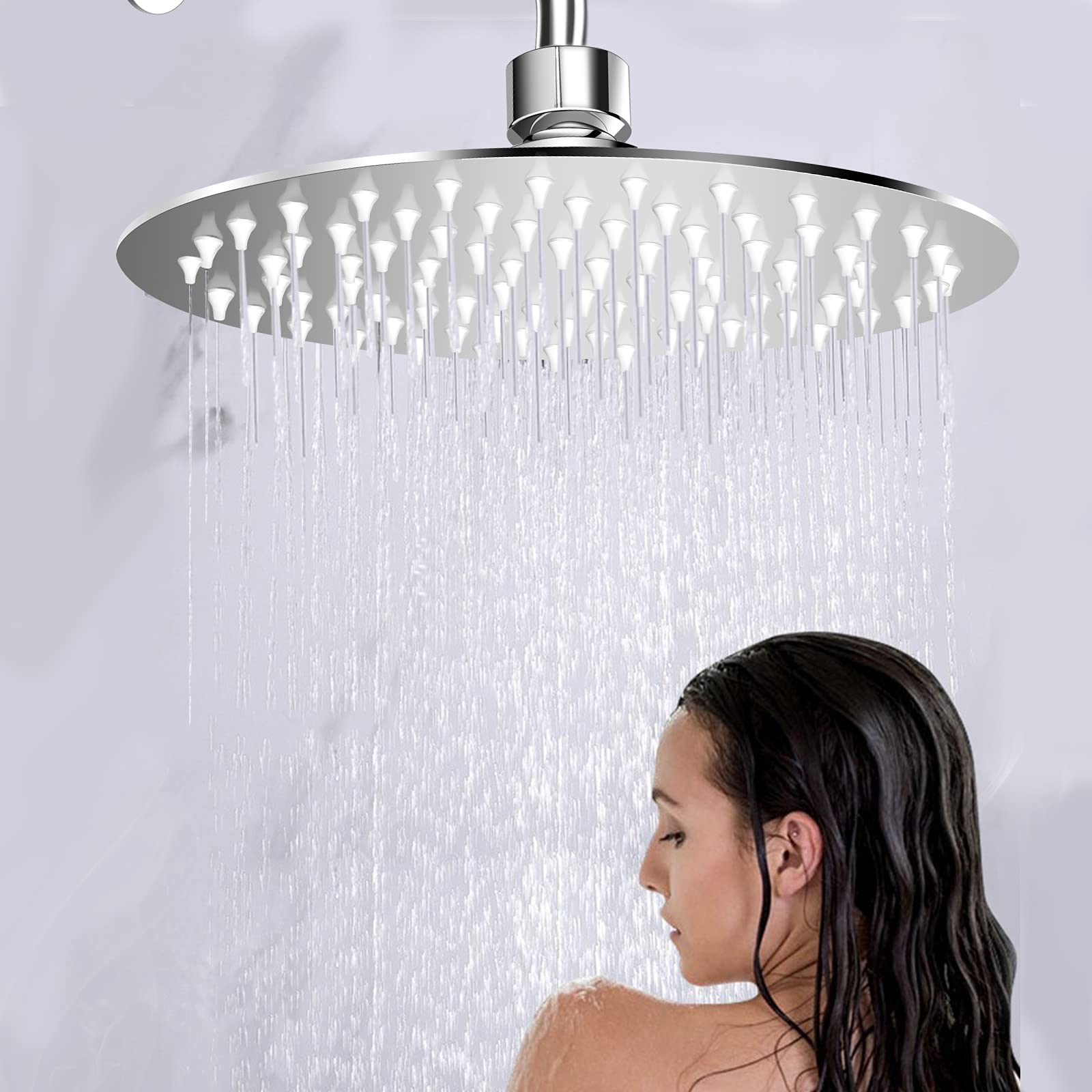 Premium 12 Inch Stainless Steel Rain Shower Head - 304 Stainless Steel Round Showerhead with Anti-Clog Silicone Nozzles for Luxurious Spa-Like Bathroom Experience - Perfect for Master Bath, Hotel Style Renovations & Relaxing Rainfall Showers
