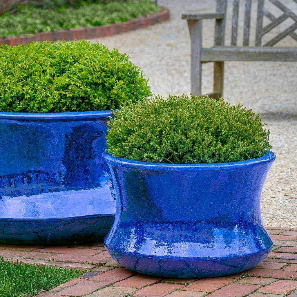 Campania International Jura Planter Set of 2 - Riviera Blue Ceramic Garden Pots for Indoor & Outdoor Plants | Perfect for Patio, Deck, and Home Decor