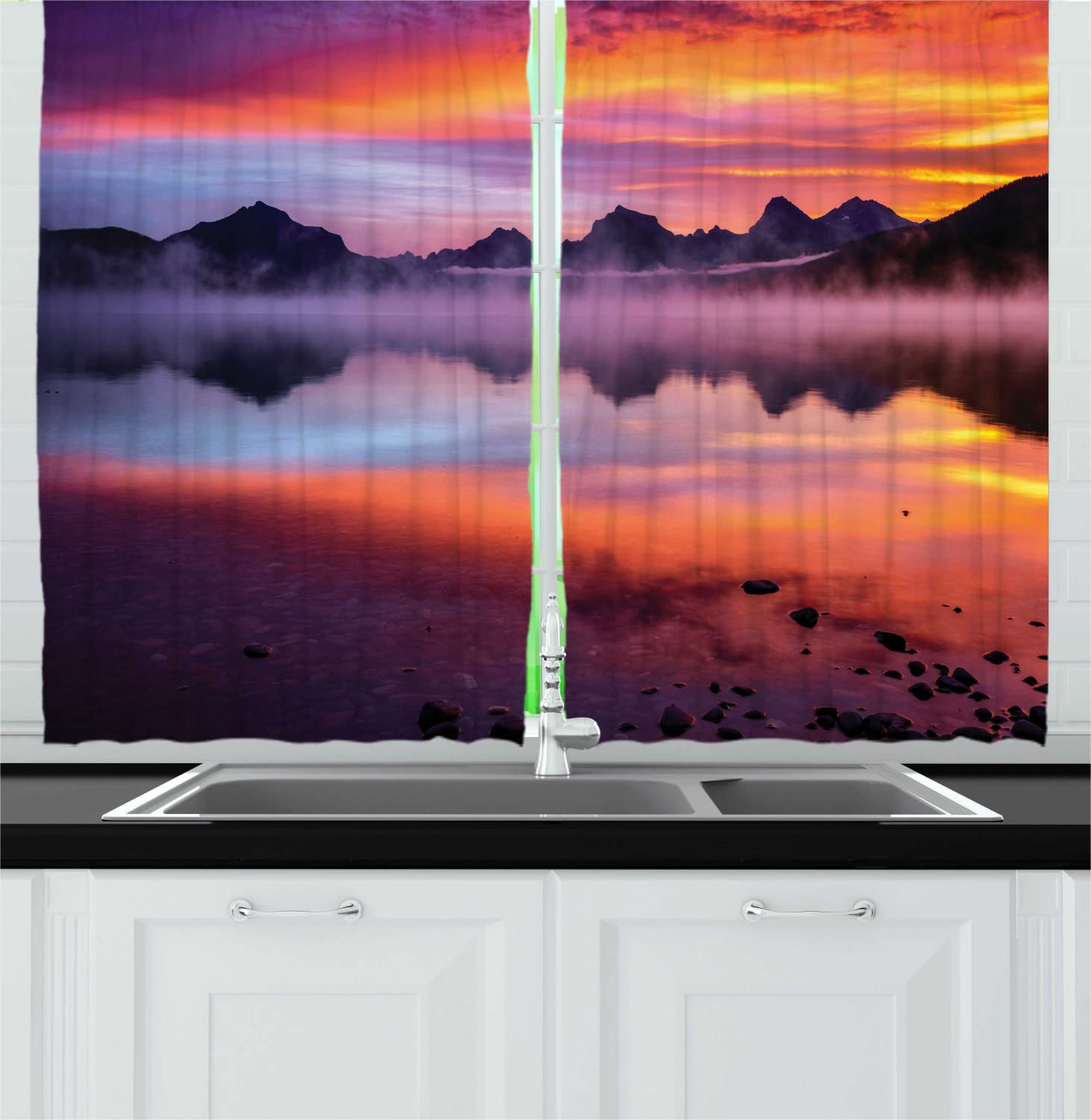 Ambesonne Glacier National Park Long Kitchen Curtains - Misty Sunset Water Scenery Rod Pocket Drapes, 55