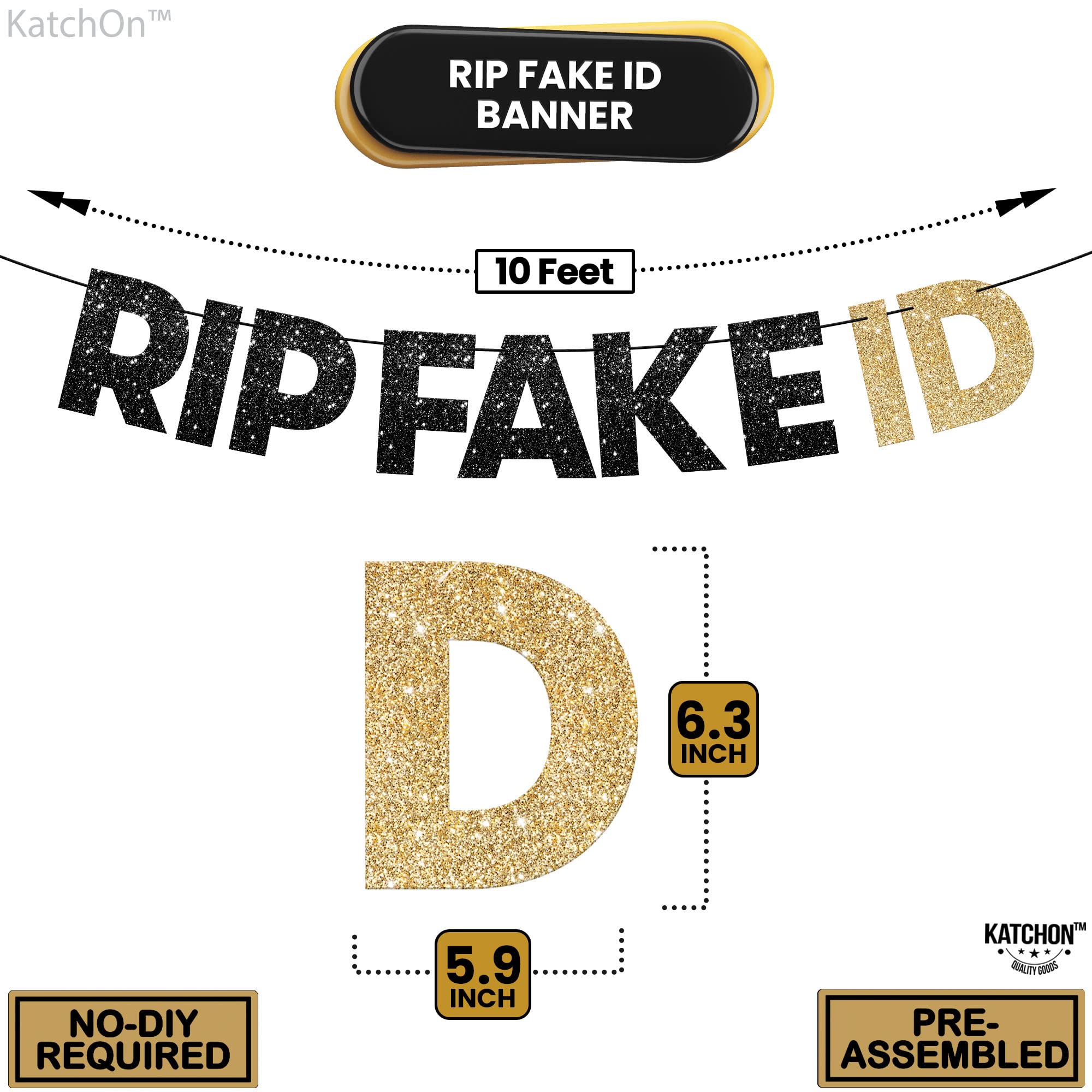 KatchOn Glitter RIP Fake ID Banner Black and Gold - 10ft Prestrung Birthday Decor | Perfect for 21st Birthday Party, Golden Themed Decorations for Him | Ideal for Birthday Celebrations, Home & Party Decor
