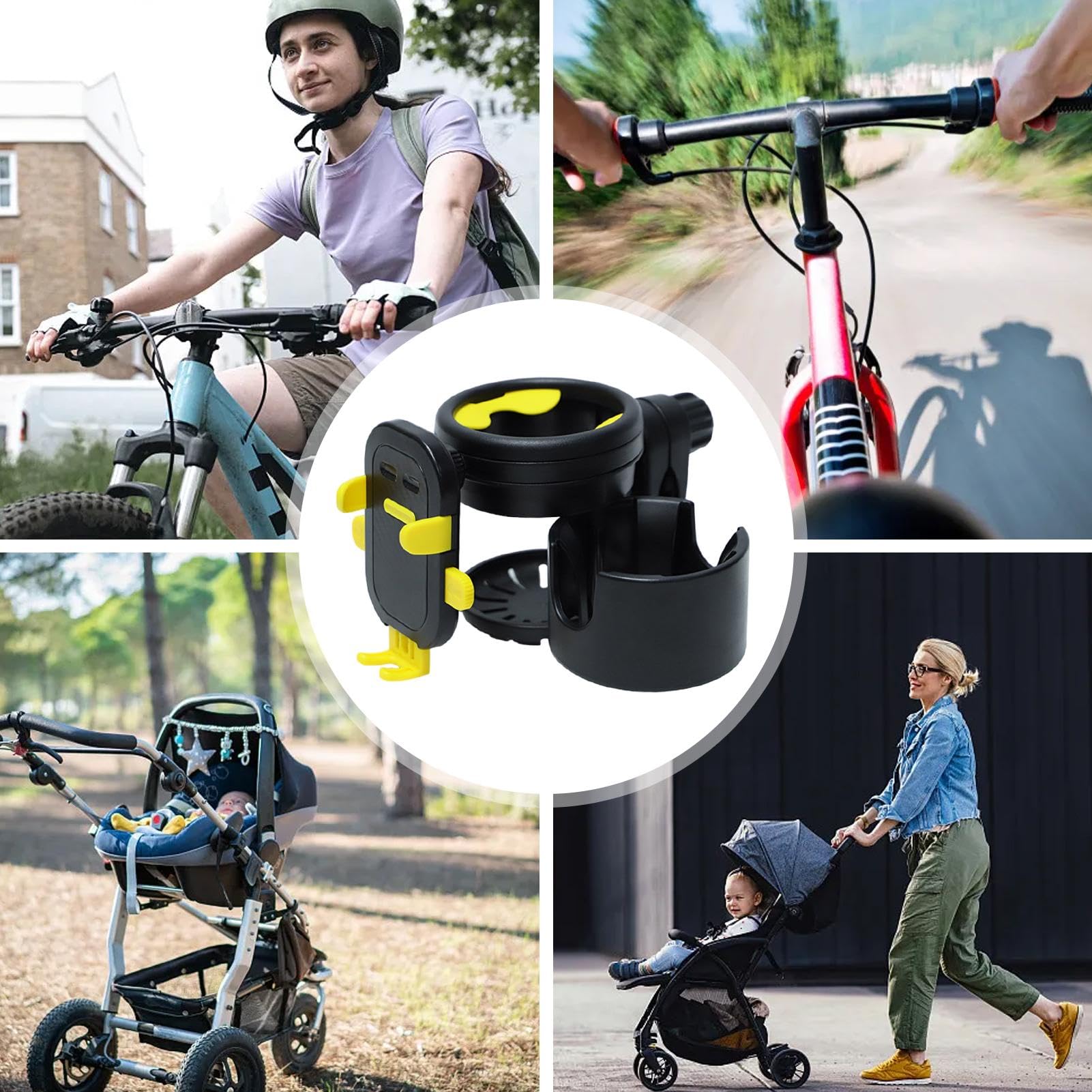 Universal Stroller Cup Holder with Rotating Phone Pocket - Durable Pram Bottle Organizer for Coffee, Drinks & Toddler Bottles | Perfect for Baby Strollers, Shopping Carts & Wheelchairs