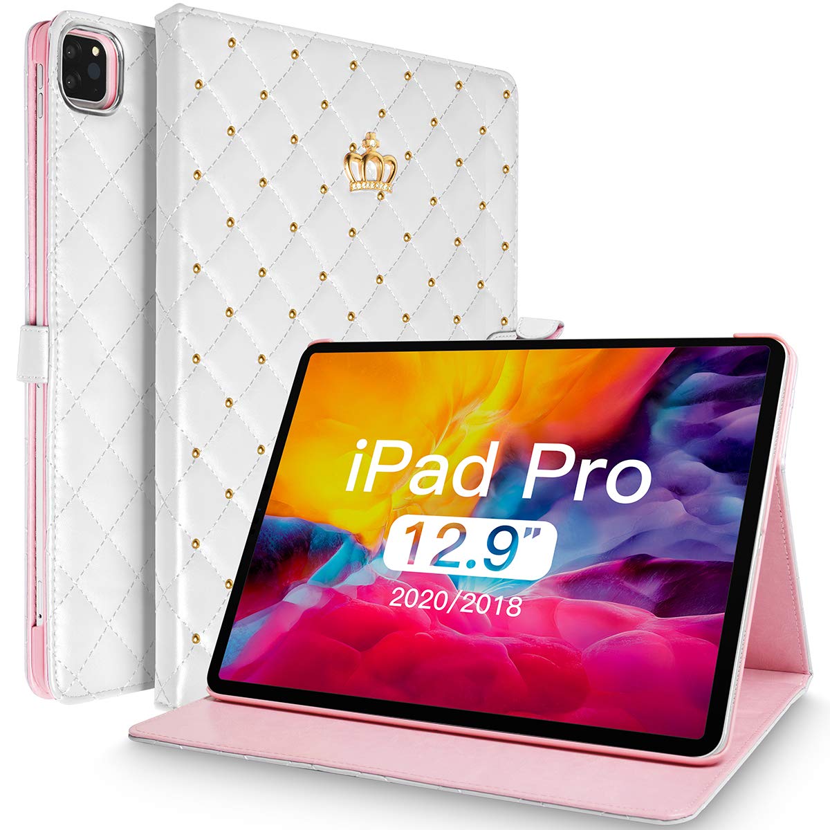 Topwin Bling Diamond PU Leather iPad Pro 12.9 Case (6th/5th Gen) - Cute Crown Design, Auto Sleep/Wake, Kickstand & Shockproof Cover - Perfect for Work, School & Travel (White)