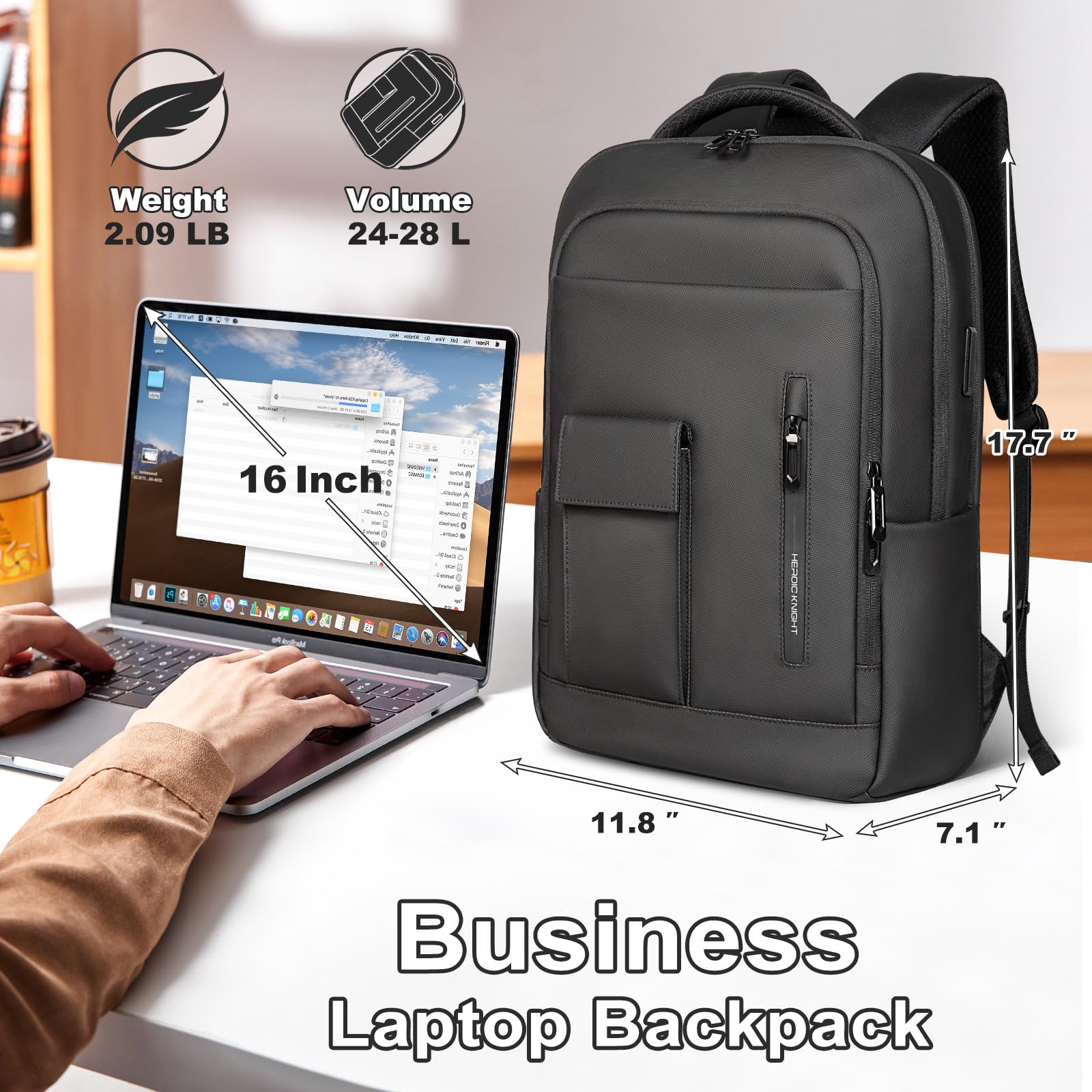 Men's 16 Inch Laptop Backpack with USB Charging Port, Water Resistant Business Travel Backpack for Work, College, and Weekender Trips - Black