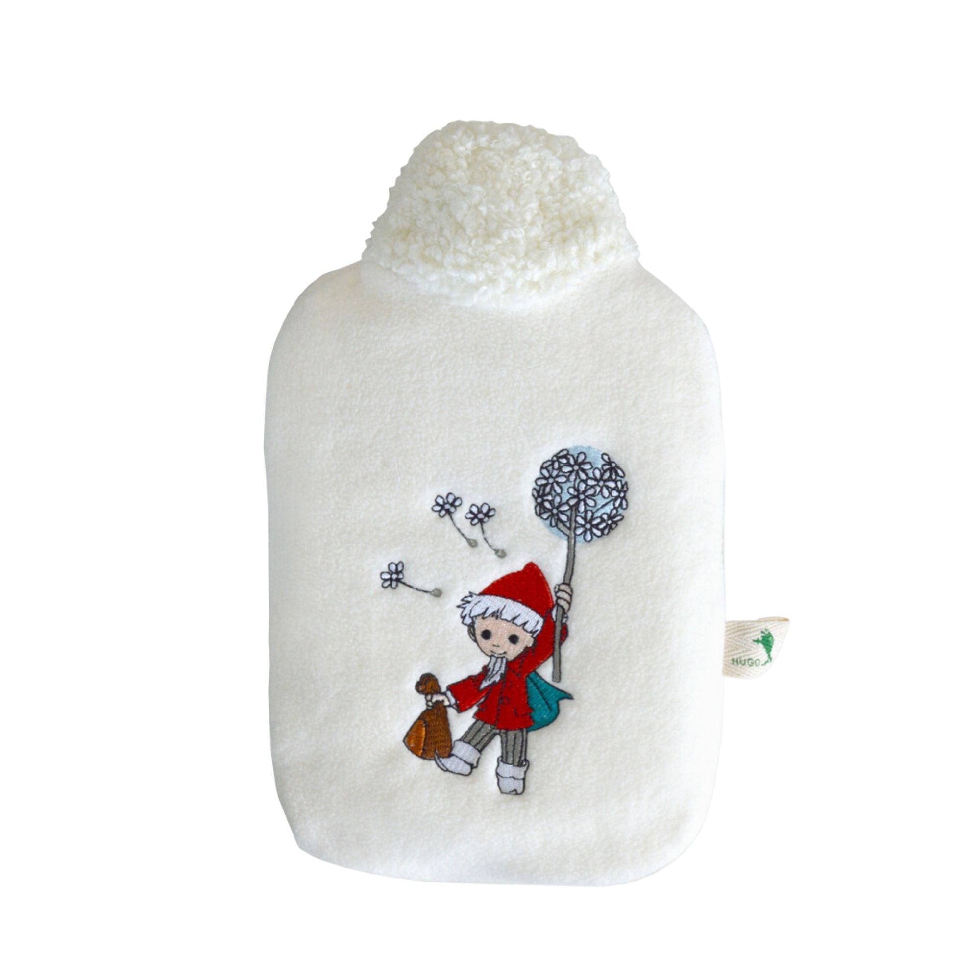 0.8L Eco-Friendly Hot Water Bottle with Sandman & Dandelion Design - Soft Fleece White Cover (Rubber-Free) for Winter Warmth, Pain Relief & Cozy Nights