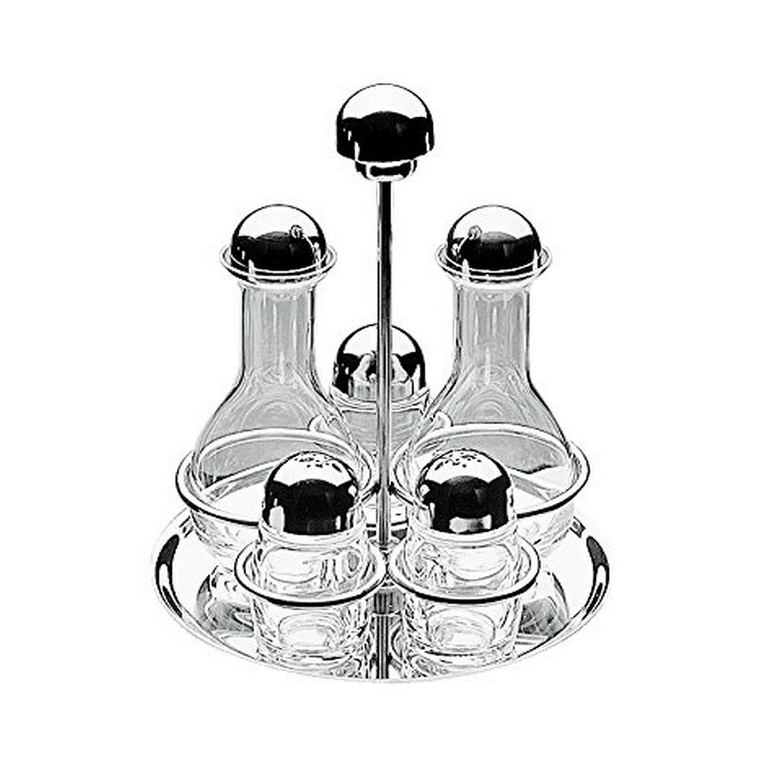 MEPRA Giotto Gala 5-Piece Cruet and Salt Cellar Set - Stainless Steel Condiment Set with Oil & Vinegar Bottles, Dishwasher Safe Tableware (Silver) - Perfect for Dining Tables, Restaurants, and Kitchen Decor