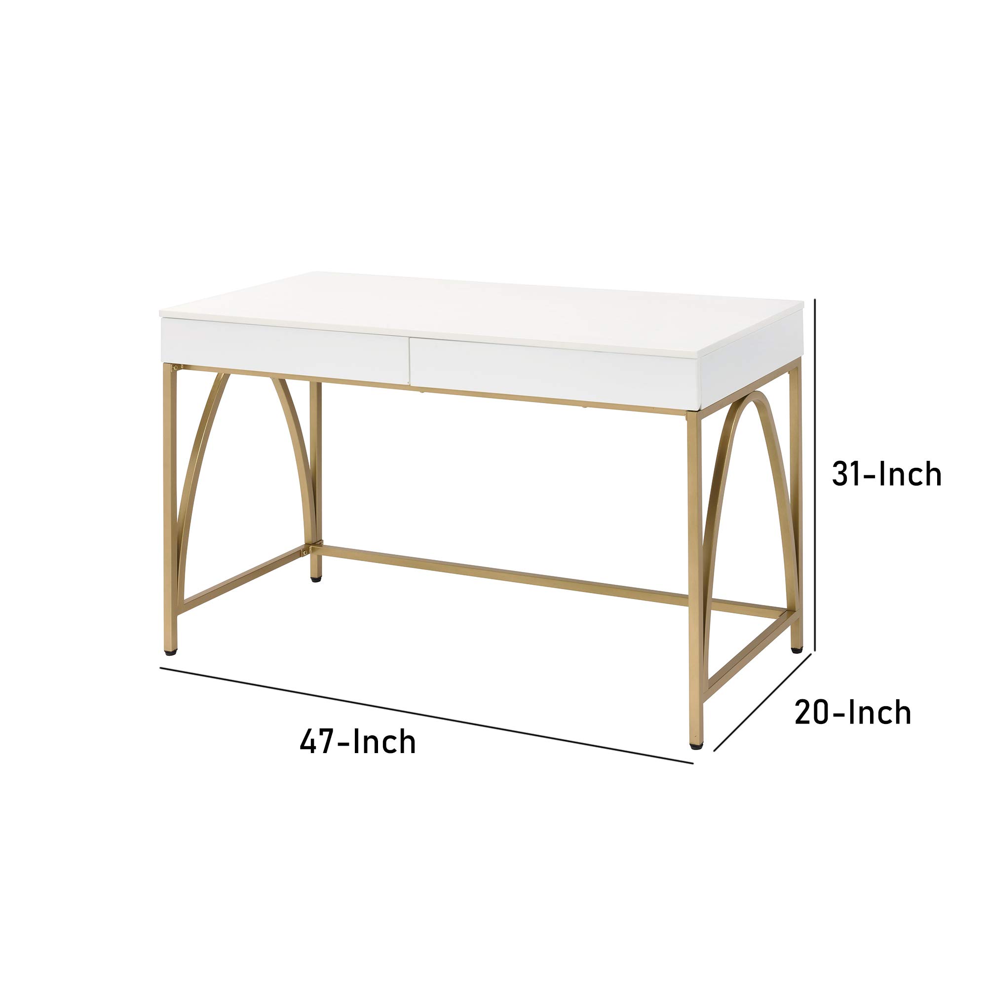 Benjara White and Gold Rectangular Wooden Desk with 2 Drawers & Metal Legs - Modern Home Office & Study Writing Table for Small Spaces