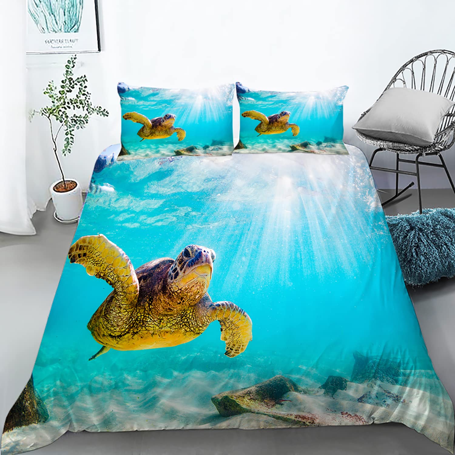 Sea Turtle Duvet Cover Set Full Size - Ocean Turtle Themed Bedding for Teens Boys & Girls (3 Piece Set with 1 Quilt Cover & 2 Pillowcases) | Perfect for Beach Themed Bedrooms, Kids Rooms & Coastal Decor