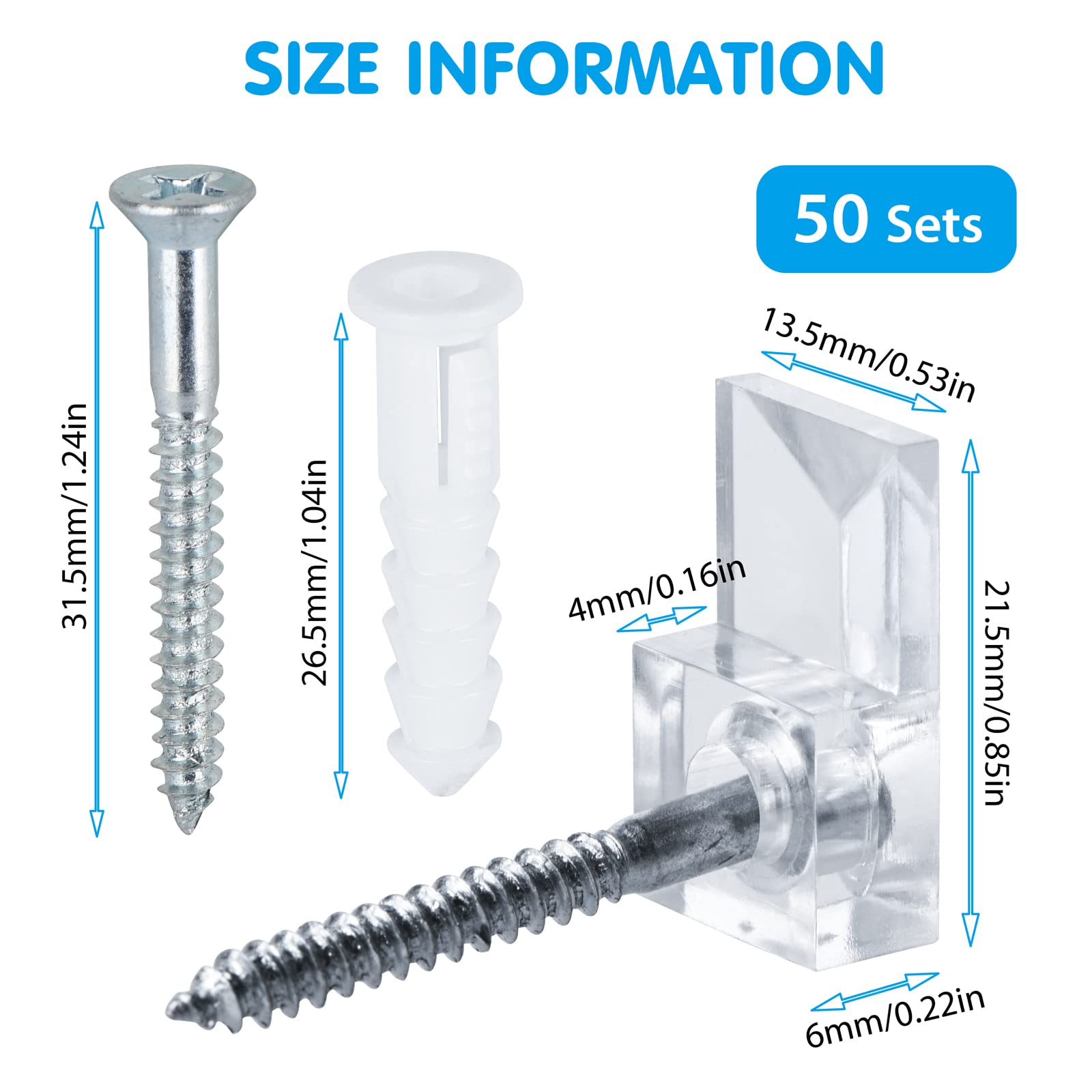 50 Sets Mirror Holder Clips Kit - Clear Plastic Mirror Mounting Clips with Screws for Glass Retainer, Box Door Hanging & Wall Fixing - Perfect for Bathroom, Bedroom, DIY Projects & Home Decor