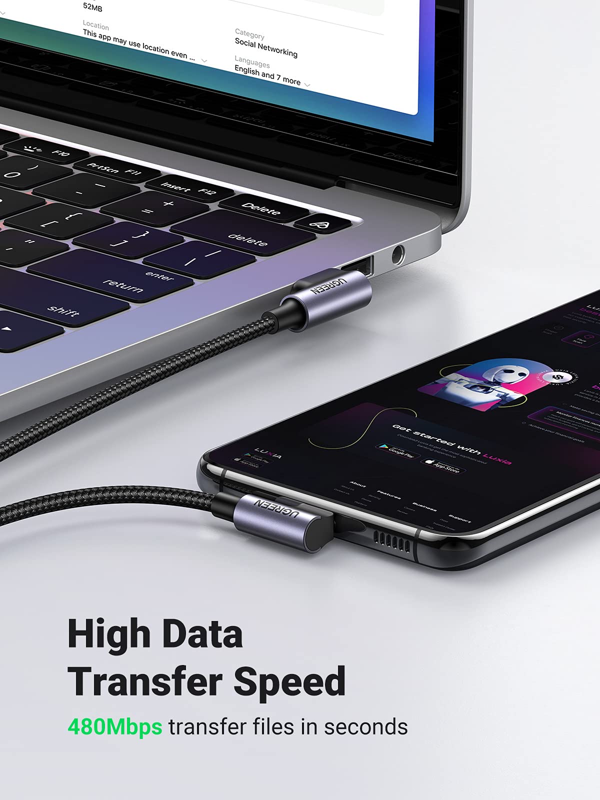 UGREEN 90 Degree USB to USB C Cable 1.6FT Fast Charging Cord - Compatible with iPhone 15, Samsung Galaxy, iPad Pro & More - Perfect for Home, Office & Travel Charging