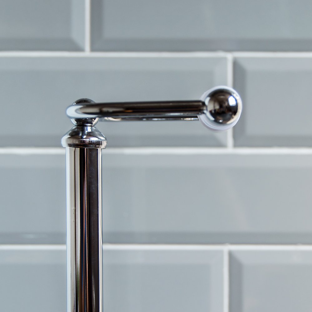 Sturdy Chrome Metal Floor Standing Toilet Paper Holder - Bathroom Tissue Roll Stand for Home, Office & Restrooms - Durable & Space-Saving Design