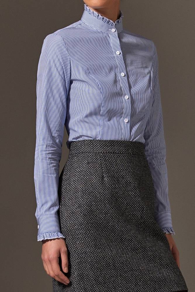 Reese Gathered Stand Collar Shirt - Navy Micro Stripe Cotton Women's Blouse for Work, Office & Casual Wear | Comfortable & Stylish Top