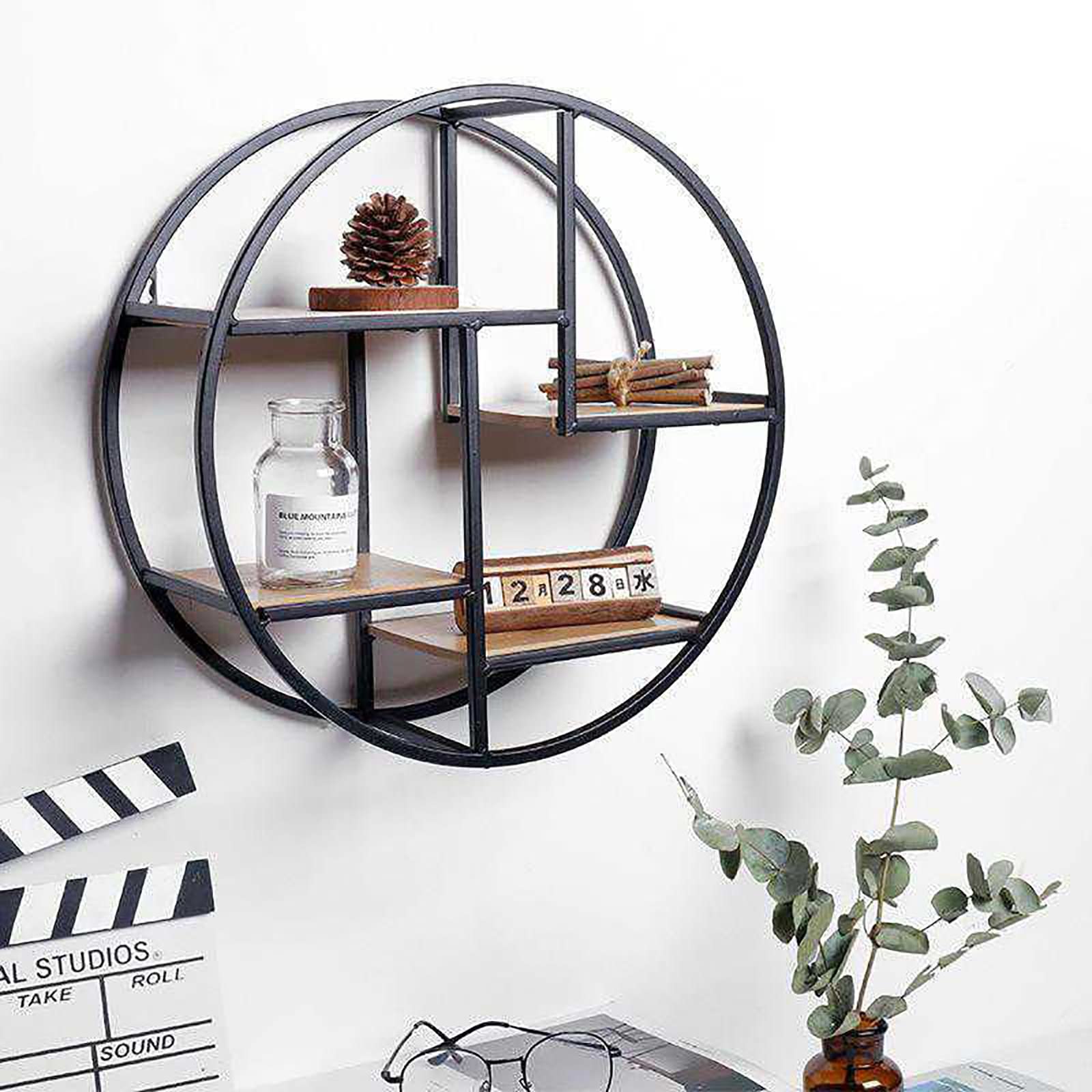 KEPMOGOH 4-Tier Round Wall Shelf - Wood & Iron Wall-Mounted Circular Floating Shelves for Home Office Decor | Perfect for Displaying Plants, Books & Decorative Items in Living Room, Bedroom or Workspace