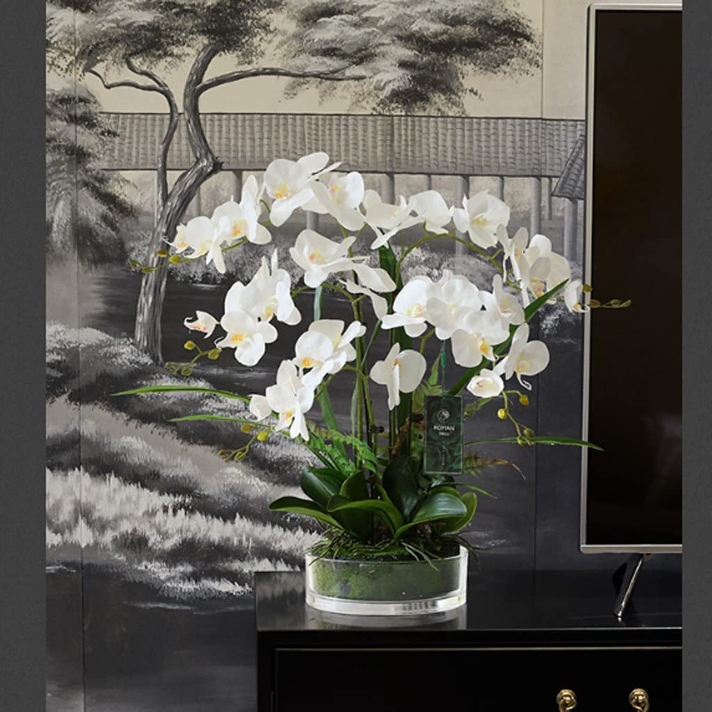 Large Artificial Silk Moth Orchid Flowers in Clear Glass Vase - Real Touch Phalaenopsis Arrangement (White) - Perfect for Home Decor, Wedding Centerpieces & Office Elegance