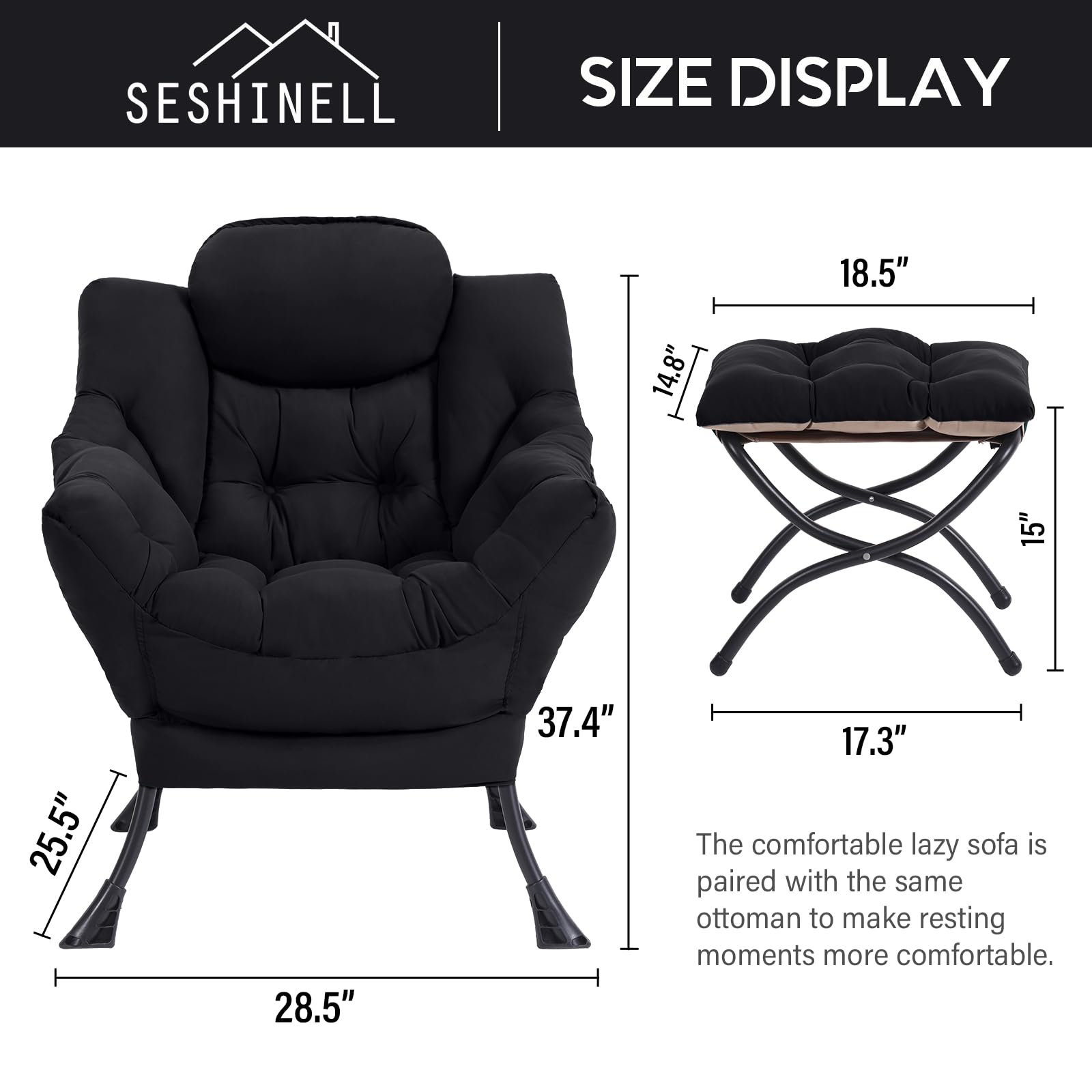 Modern Lazy Chair with Ottoman - Contemporary Lounge Accent Chair with Armrests & Folding Footstool Set - Comfortable Reading Chair for Living Room, Bedroom, Office - Perfect for Relaxing, Napping & Leisure Time (Black)