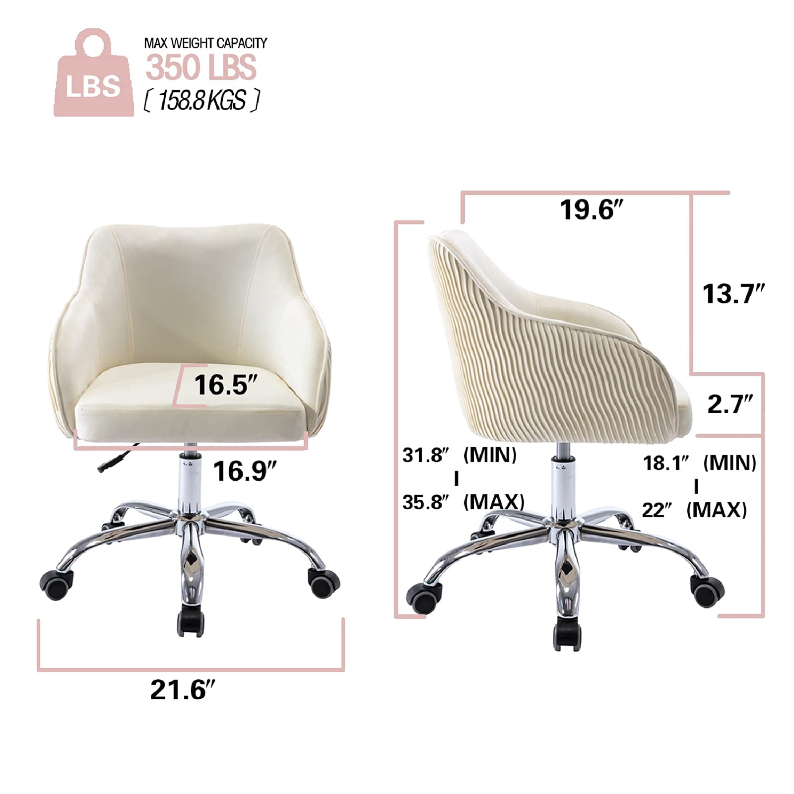 Cute Beige Velvet Desk Chair with Wheels & Arms - Comfy Swivel Rolling Task Chair for Teen Girls, Kids, Home Office, Makeup Room, Bedroom & Living Room | Perfect for Studying, Working & Vanity Areas