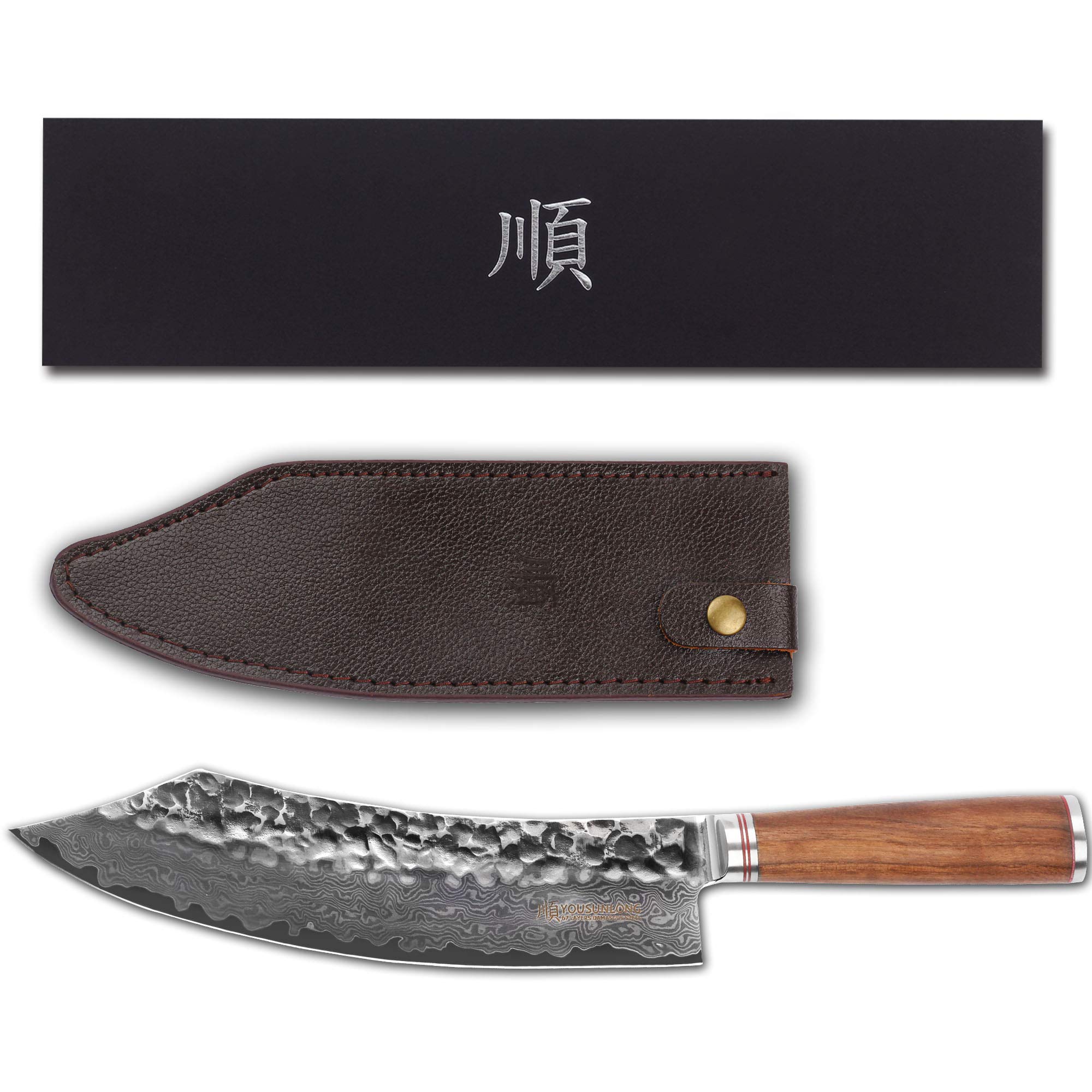 **YOUSUNLONG 10-Inch Butcher Knife - Professional Breaking Knife with Japanese Hammered Damascus Steel Blade, Natural Walnut Wood Handle & Leather Sheath - Ideal for Meat Cutting, Butchering, and Kitchen Prep**