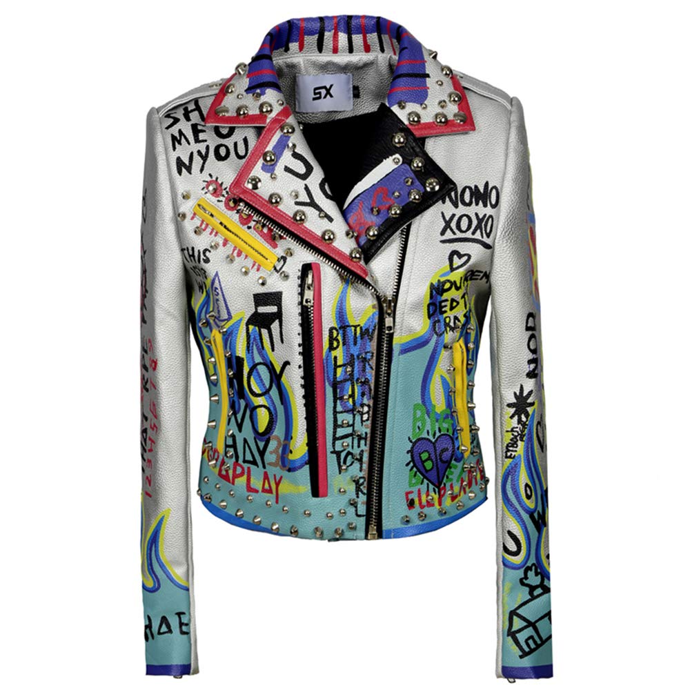LY Women's Casual Graffiti Goshawk Embroidery Jacket - Slim Fit Long Sleeve Studded Streetwear Coat for Spring & Autumn | Perfect for Urban Fashion, Night Out, and Daily Street Style