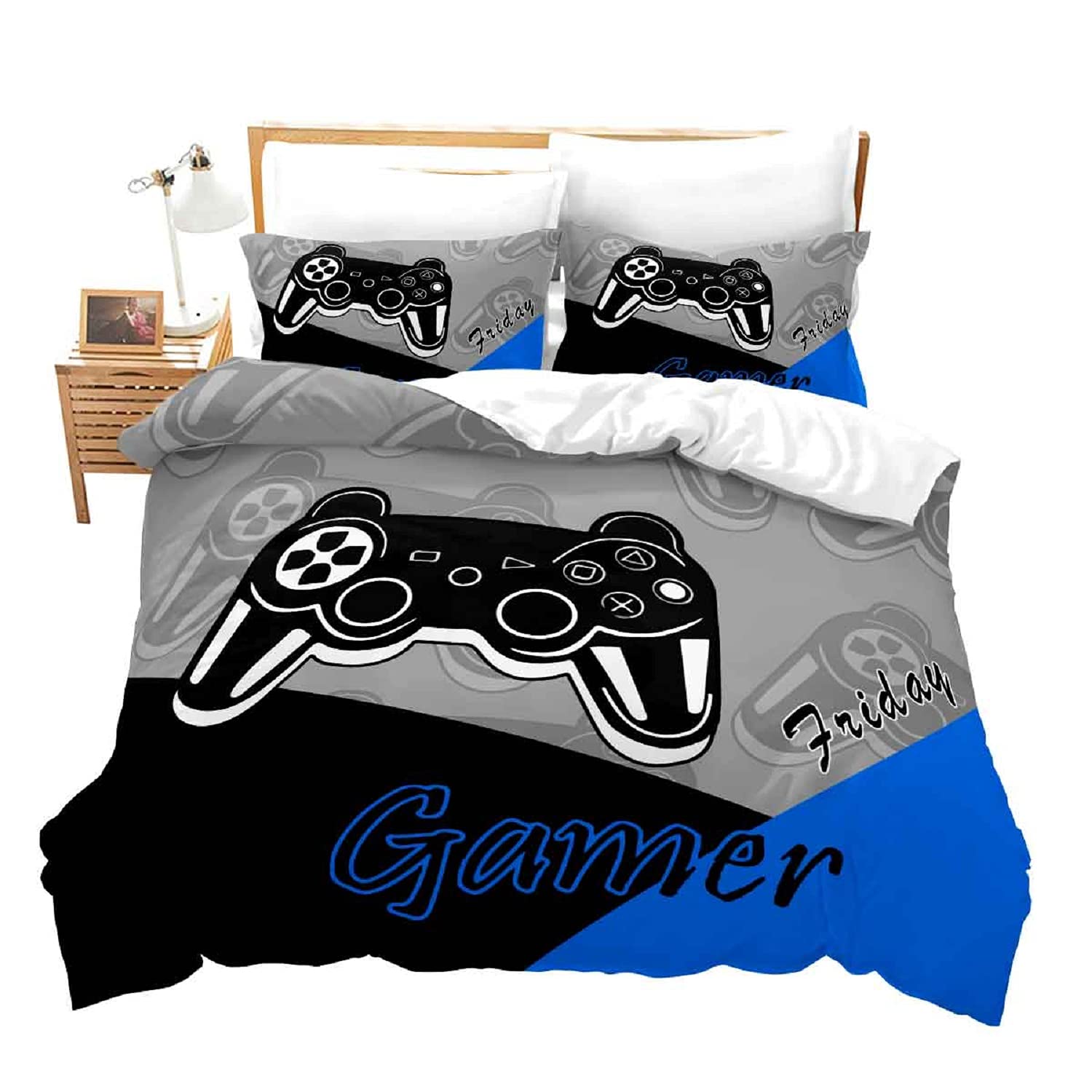 Feelyou Video Game Duvet Cover Set for Boys & Teens - Twin Size Gaming Bedding with 1 Duvet Cover & 1 Pillowcase (Black/Blue/Grey) - Perfect for Gamers' Bedroom Decor & Kids' Sleepover Parties