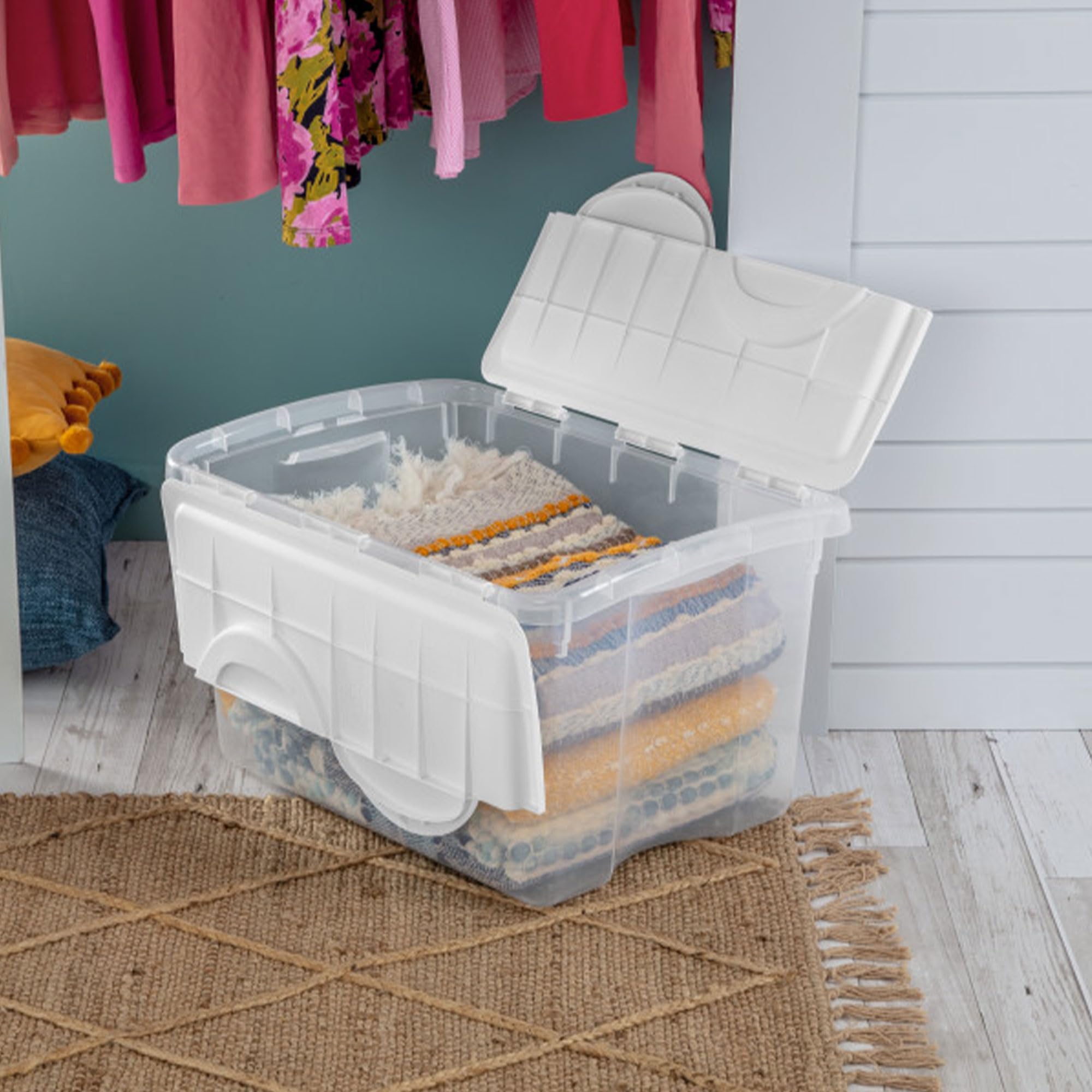 Sterilite 48 Qt Clear Stackable Storage Bins with White Hinged Lids - 6 Pack Set for Home Organization, Pantry, Garage & Closet Storage Solutions