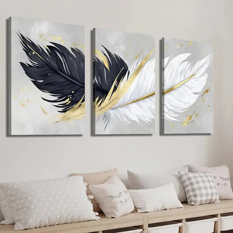 3-Piece Abstract Black White Gold Feather Wall Art Set - Framed Canvas 40x60cm | High Quality Print | 100% Australian Made | Ready to Hang | Perfect for Living Room, Bedroom & Office Decor