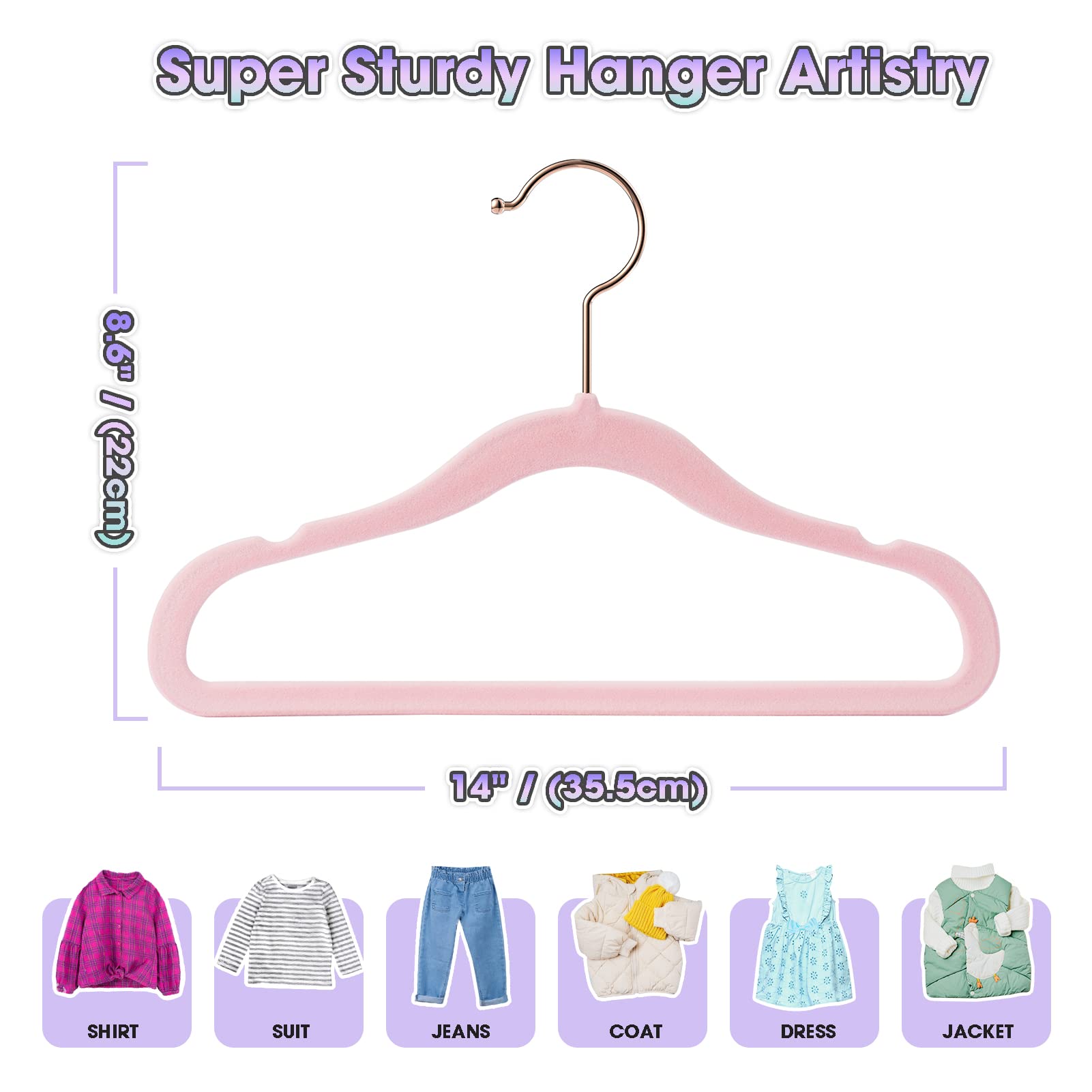 50 Pack Pink Velvet Kids Hangers - 14 Inch Non-Slip Sturdy Clothes Hangers for Children's Wardrobe Organization (Perfect for Nursery, Closet Storage & Travel)