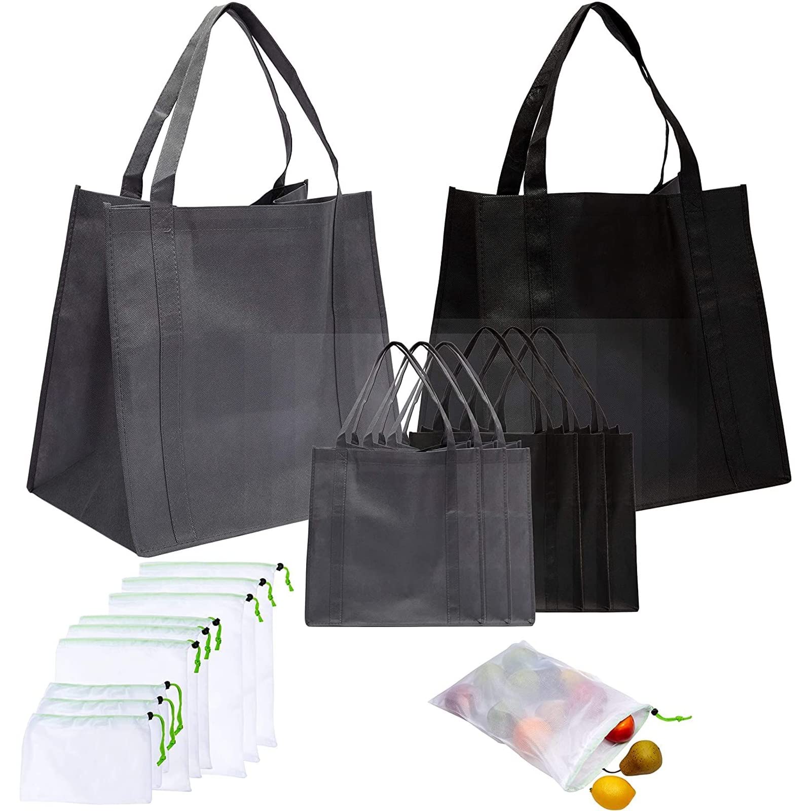 Okuna Outpost Reusable Non-Woven Grocery Tote Bags & Mesh Produce Shopping Bags Set - 15 Pieces in 5 Sizes (Small to Large) - Eco-Friendly Supermarket, Farmers Market & Bulk Shopping Bags for Fruits, Vegetables & Groceries