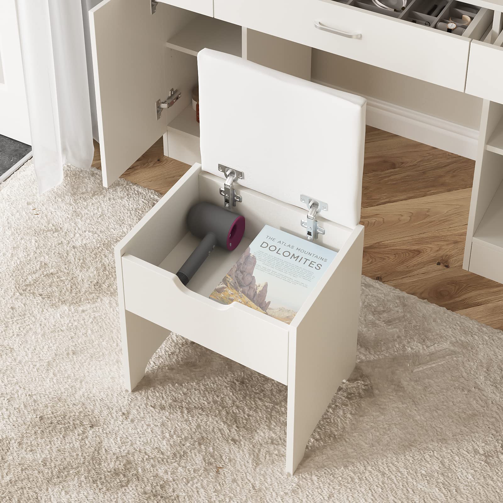 Vabches Lighted Vanity Mirror Makeup Desk Set with Comfortable Bench & Side Cabinets - 45.2 Inch White Vanity Table with Ample Storage Space | Perfect for Bedroom, Dressing Room & Beauty Salon Organization