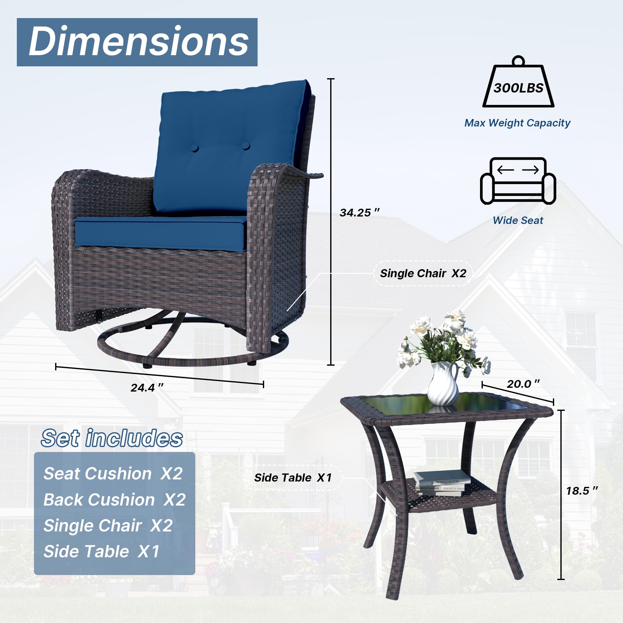 Kurapika 3-Piece Patio Furniture Set - Outdoor Swivel Glider Rocker, Wicker Bistro Set with Rattan Rocking Chair, Tempered Glass Side Table & Thick Cushions (Navy Blue) - Perfect for Garden, Balcony, Backyard & Poolside Relaxation