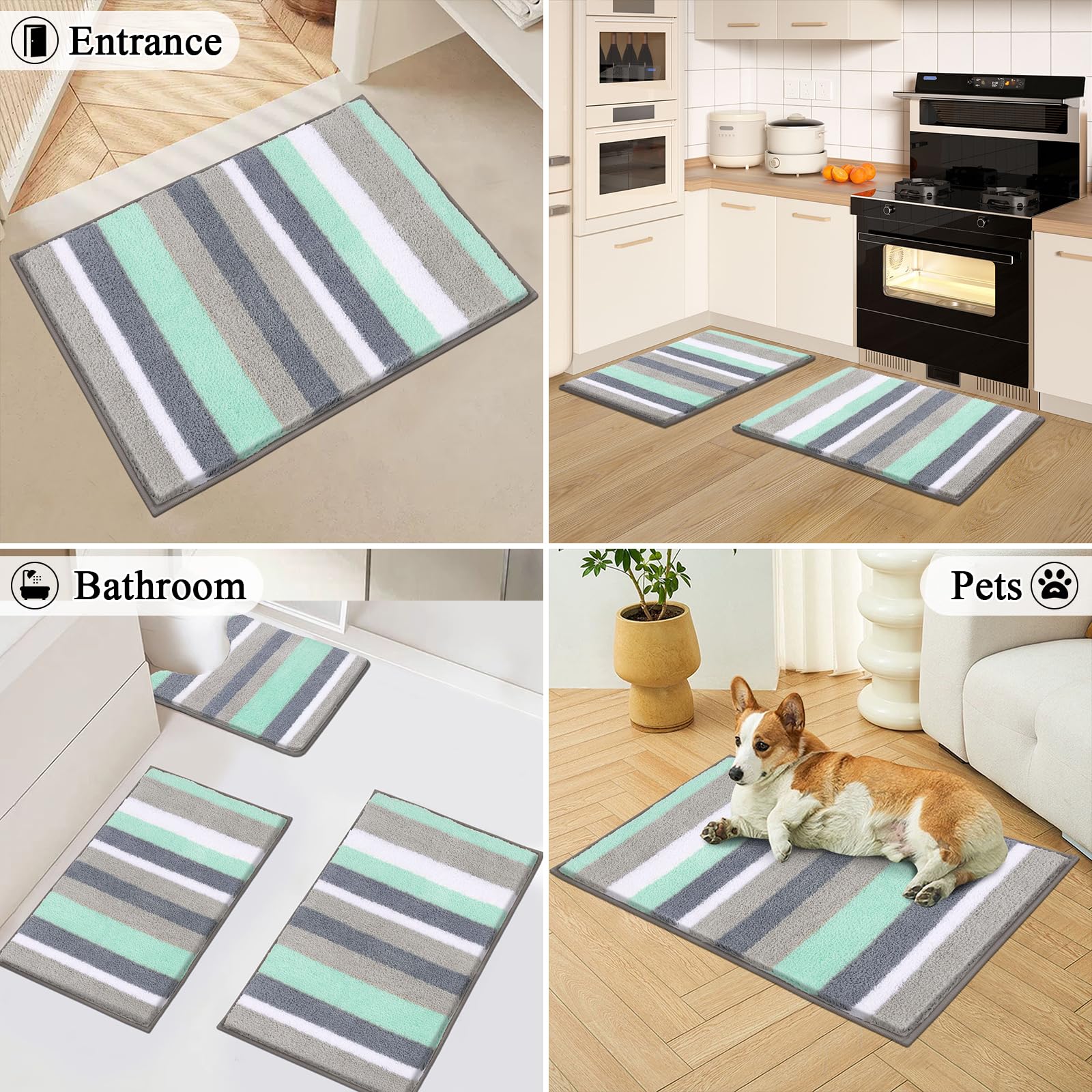 Vaukki 3-Piece Non-Slip Bathroom Rugs Set - Super Soft Shaggy Microfiber Plush Absorbent Washable Bath Mat & Shower Rug for Tub (18x26+20x32+20x24 Inches, Mint Green) - Perfect for Bathroom, Shower & Vanity Area