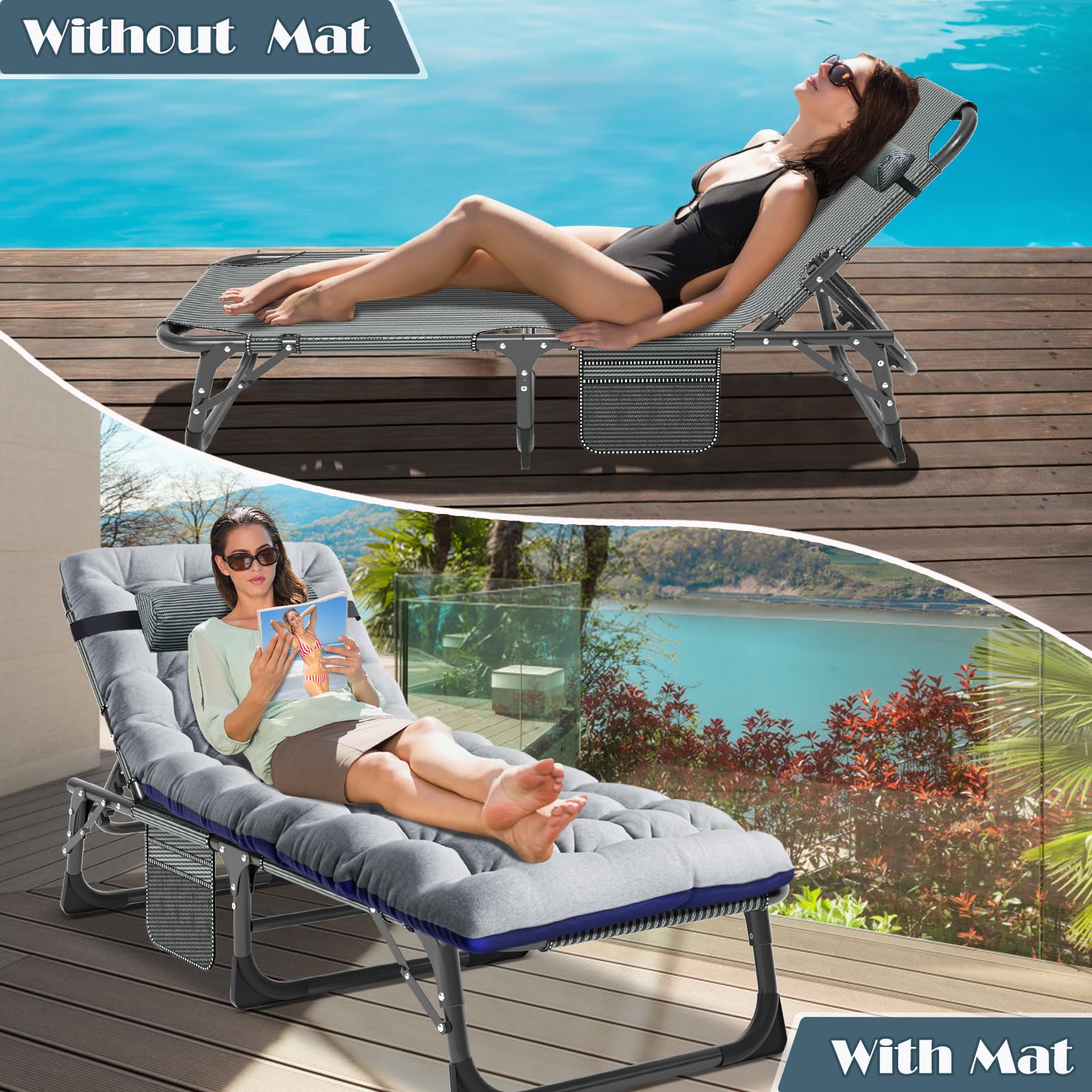 5-Position Reclining Folding Chaise Lounge Chair - Portable Outdoor Patio Sun Lounger for Adults - Perfect for Poolside, Beach, Camping, Backyard & Sunbathing - Heavy Duty Sun Tanning Sleeping Cot for Lawn, Deck & Garden Relaxation
