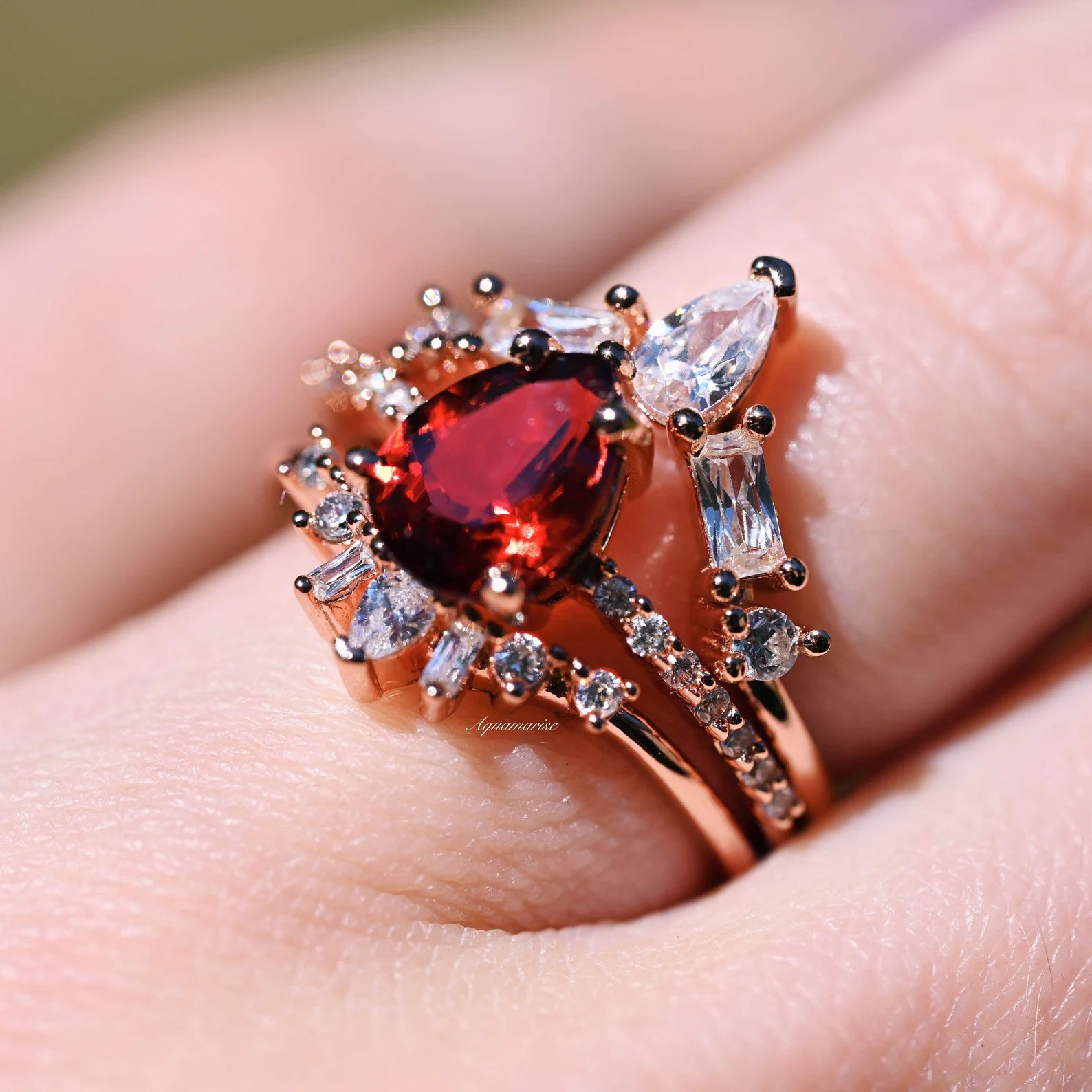 Natural Garnet 3-Piece Ring Set in 14K Rose Gold Vermeil - Perfect for Valentine's Day, Anniversary Gifts & Everyday Elegance