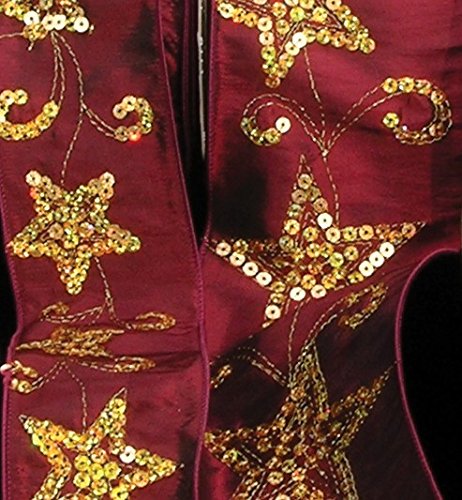 Burgundy Taffeta Sequined Stars Wired Craft Ribbon - 4 Inch x 20 Yards Bulk Roll for Gift Wrapping, DIY Decorations, Christmas Tree Ornaments & Party Supplies